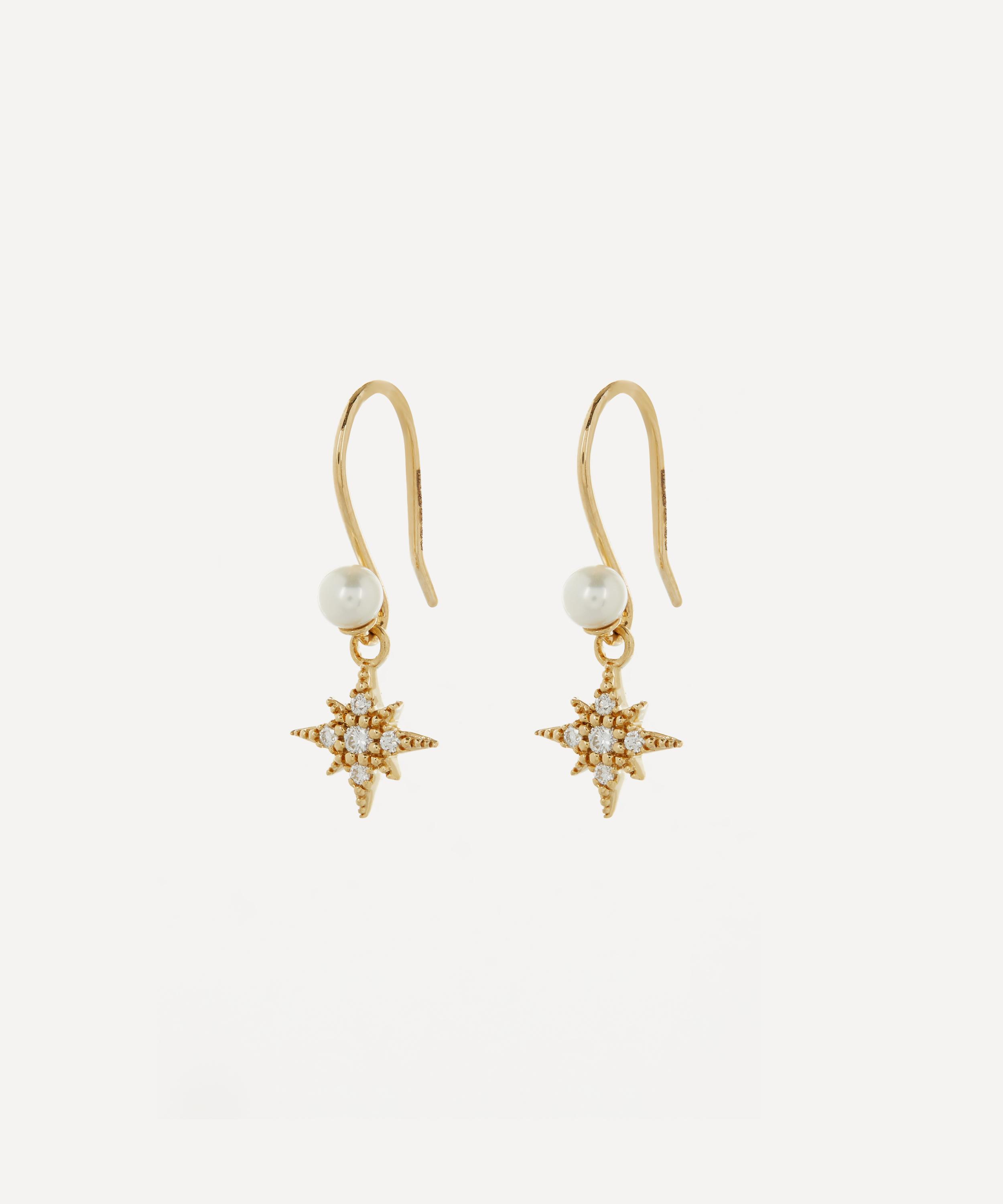 Mizuki - 14ct Gold Small Diamond Star and Pearl Drop Earrings image number 2