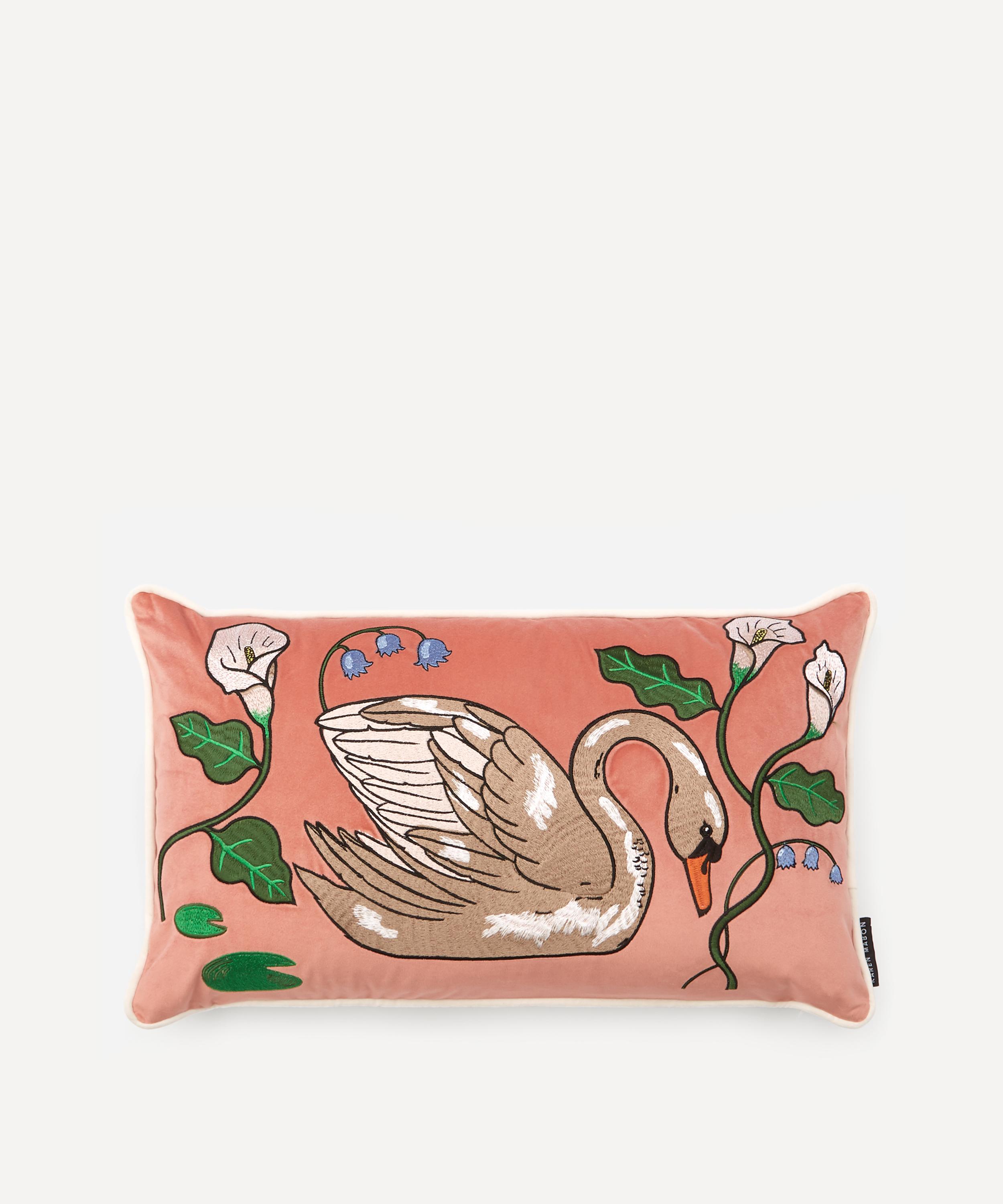 Karen Mabon - Mute Swan Velvet Bolster Cushion image number 0