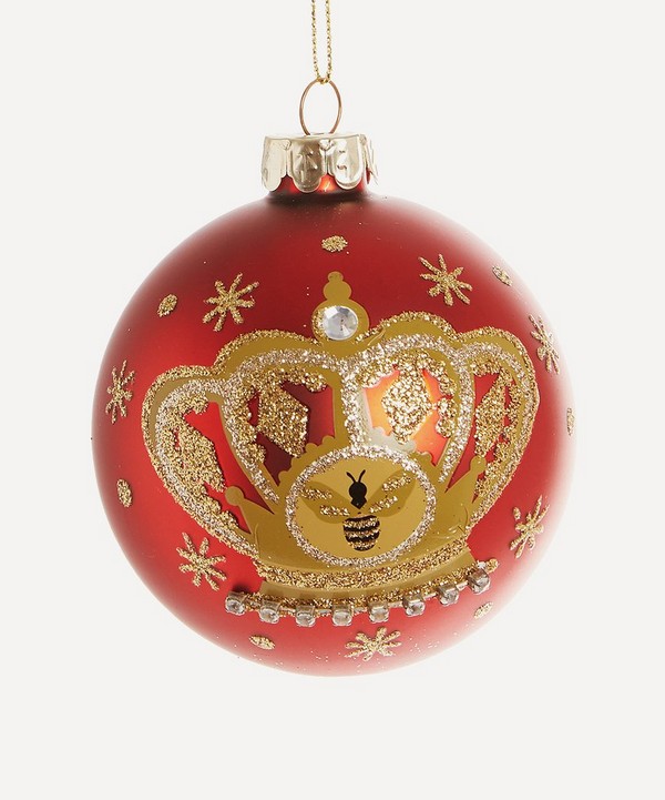 Christmas - Matte Red Glass Bauble with Crown and Bee Motif image number null