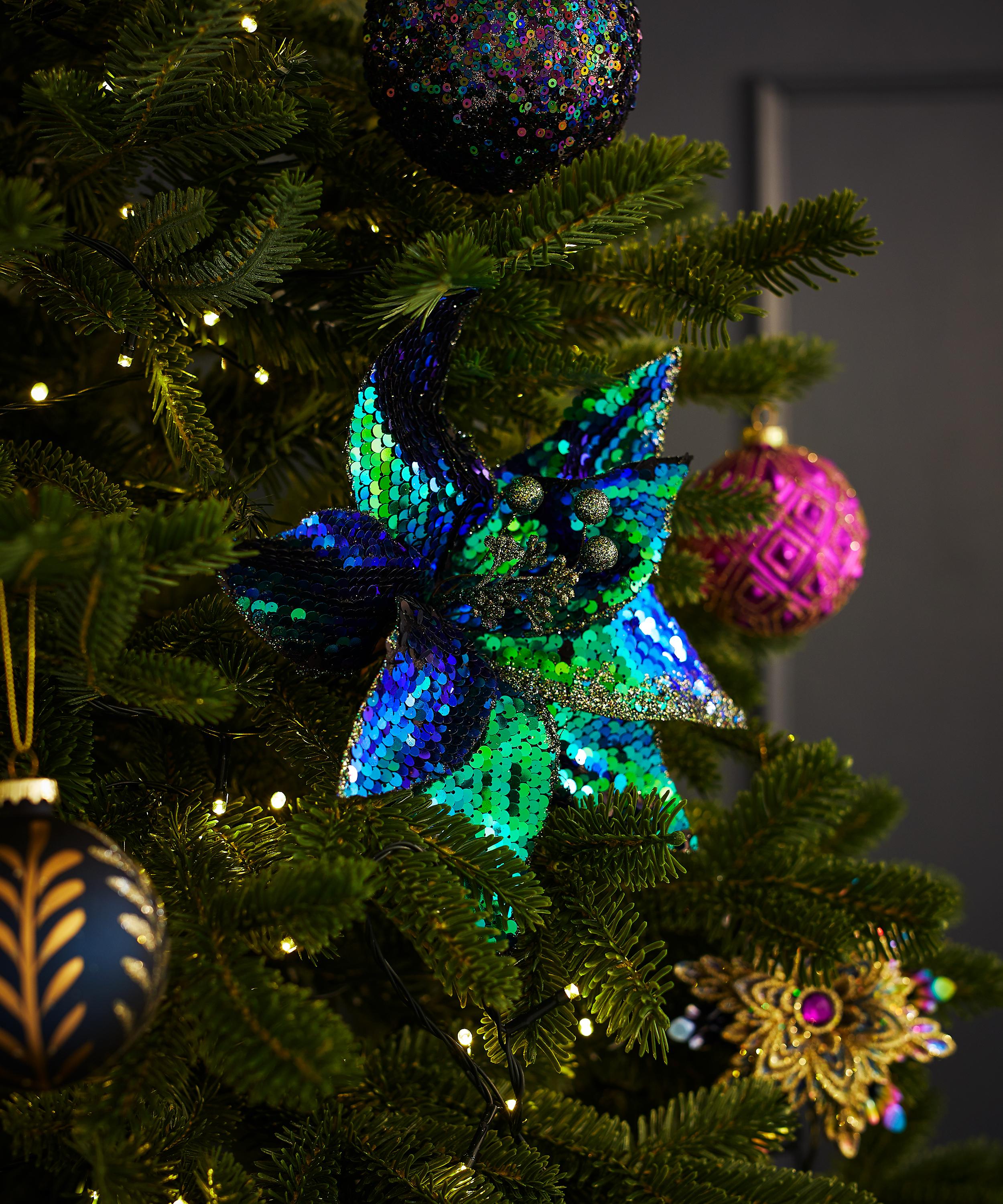 Christmas - Peacock Sequin Poinsettia Pick Decoration image number 1