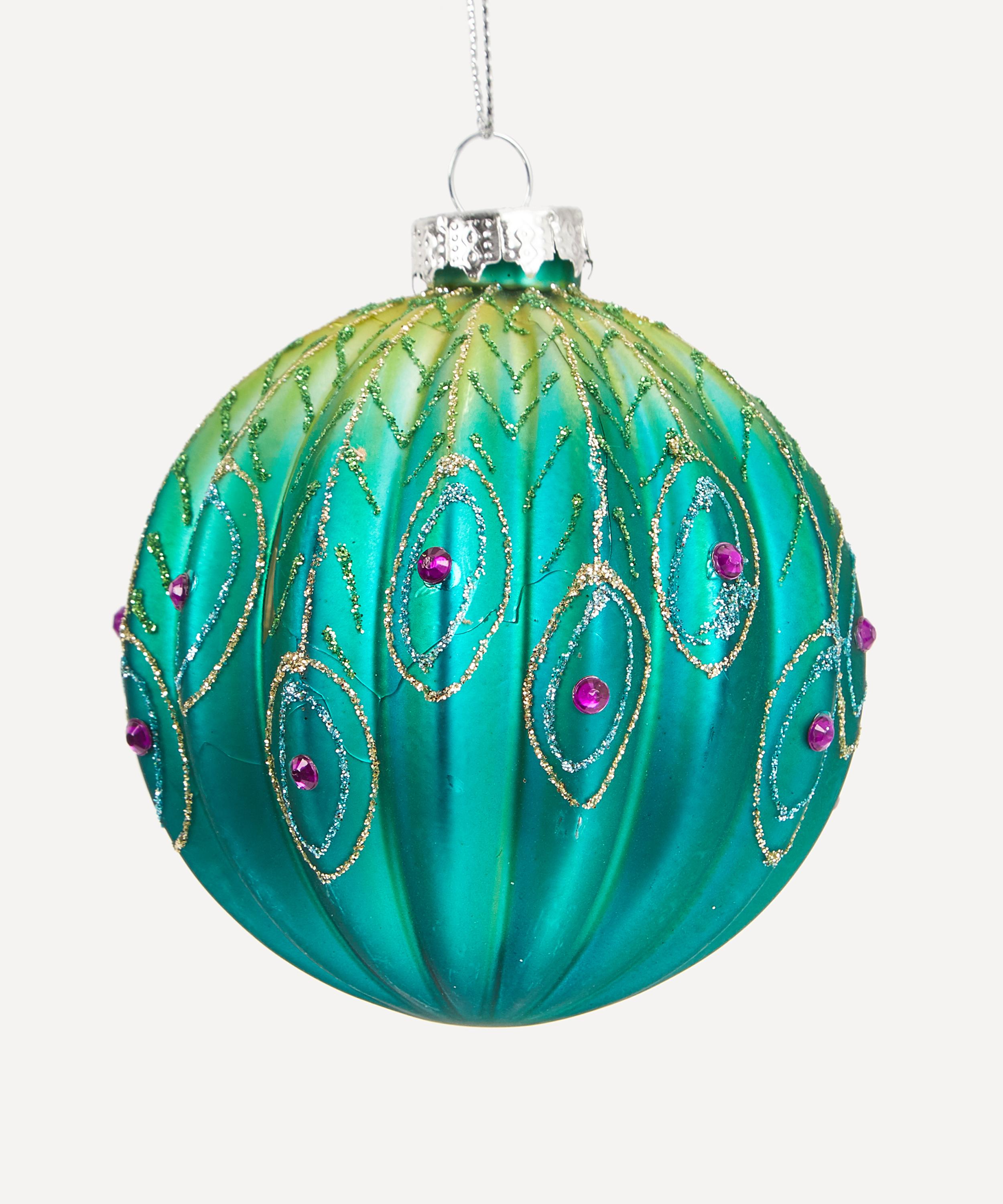 Christmas Ribbed Glass Peacock Bauble | Liberty