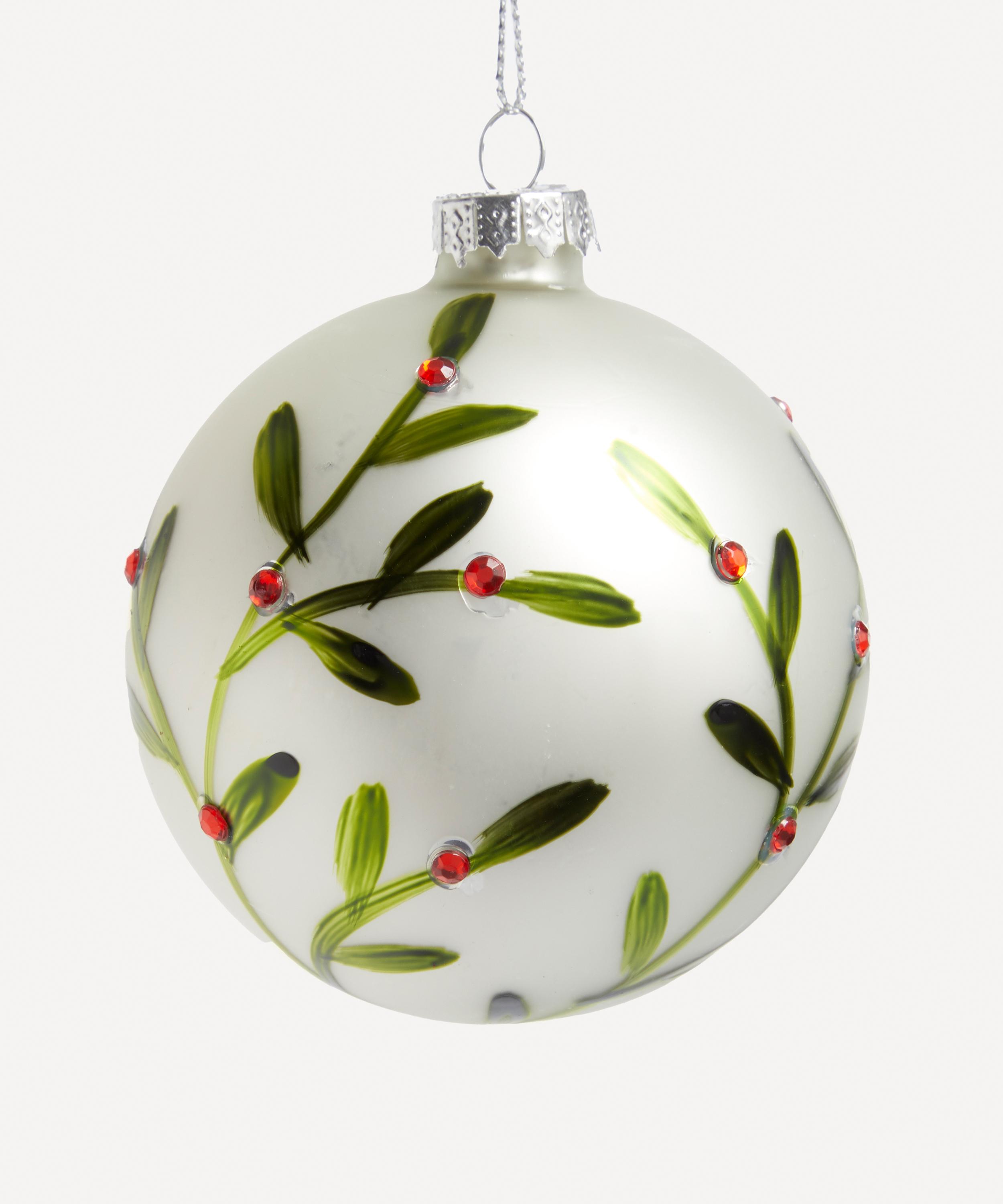 Christmas - Matte Silver Green Leaf Glass Bauble image number 0