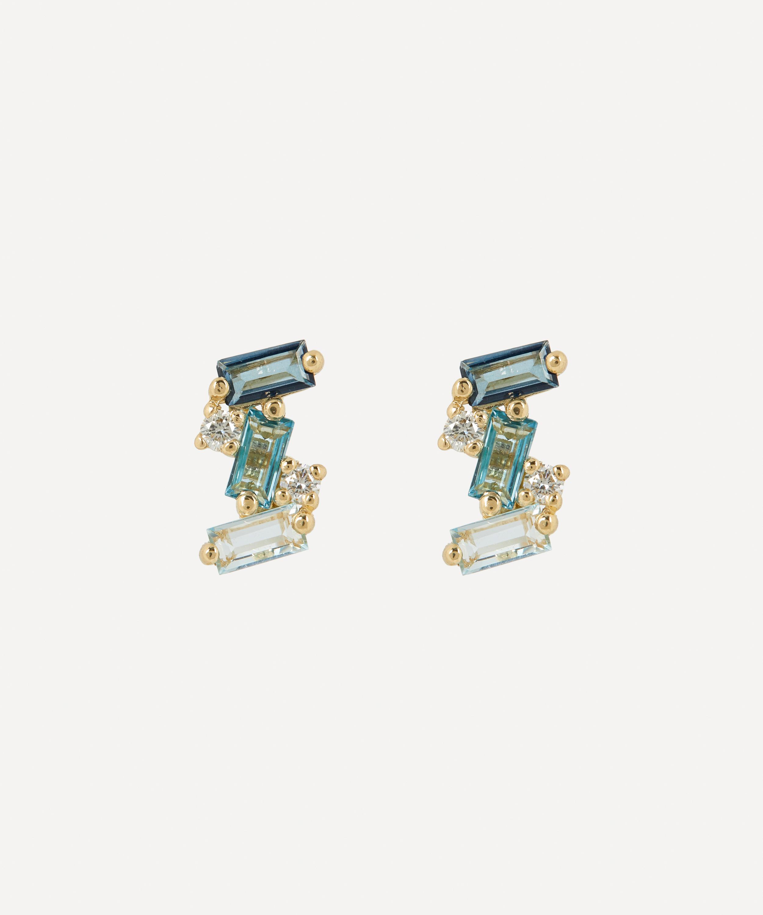 Suzanne Kalan - 14ct Gold Diamond And Blue Topaz Baguette Stud Earrings image number 0