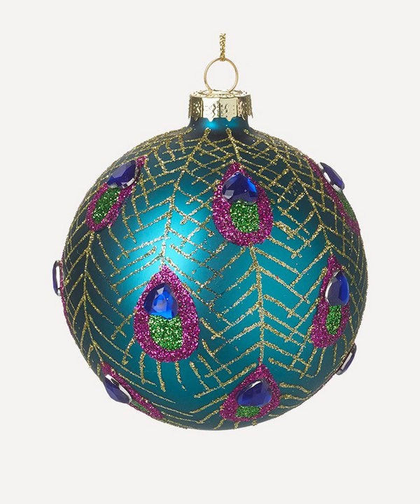 Christmas - Peacock Feather Glitter Embellished Glass Bauble image number null