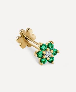 18ct Gold Emerald And Diamond Flower Threaded Stud Earring