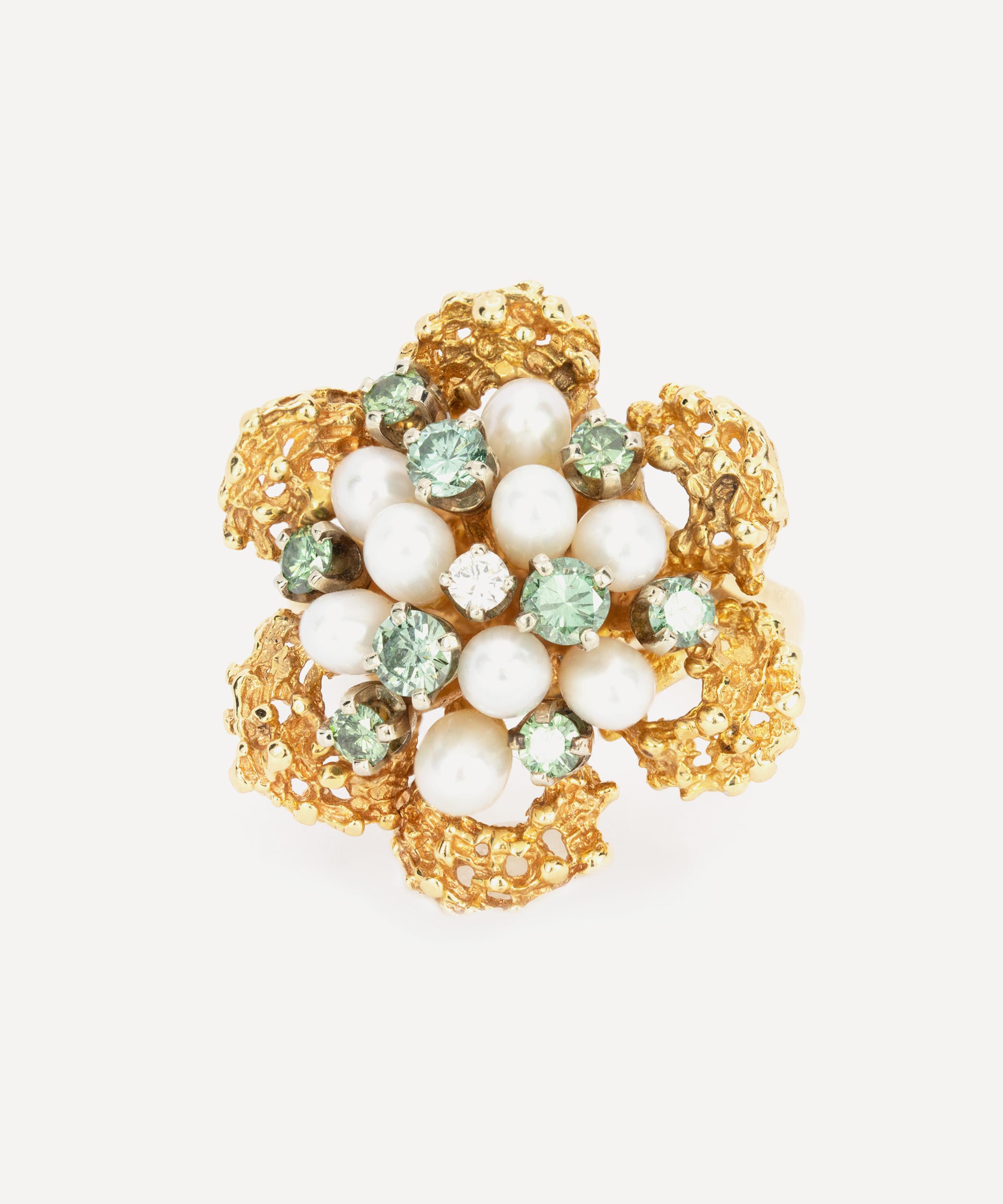 Kojis - 14ct Gold Pearl and Blue Diamond Flower Ring image number 0