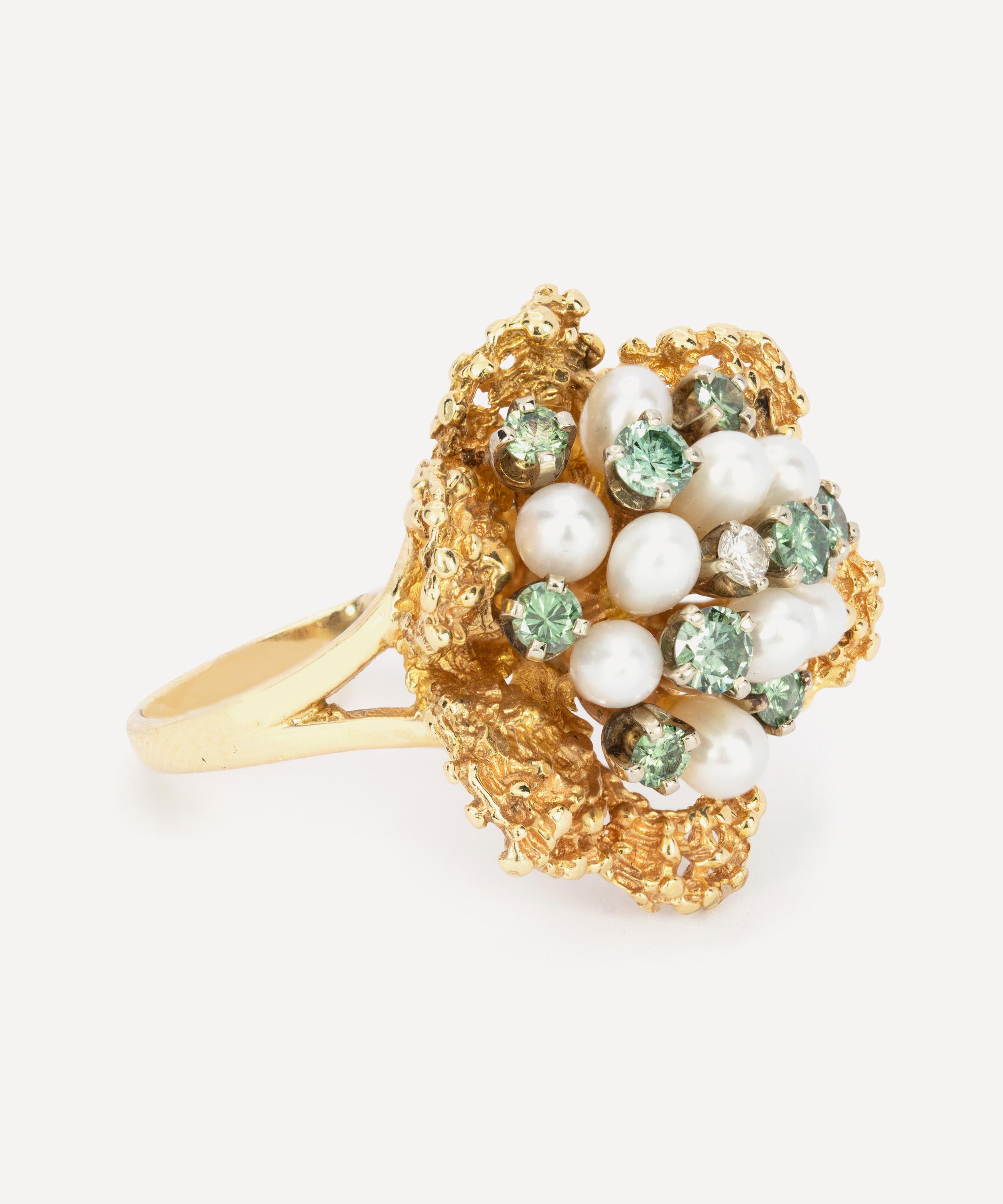 Kojis - 14ct Gold Pearl and Blue Diamond Flower Ring image number 1