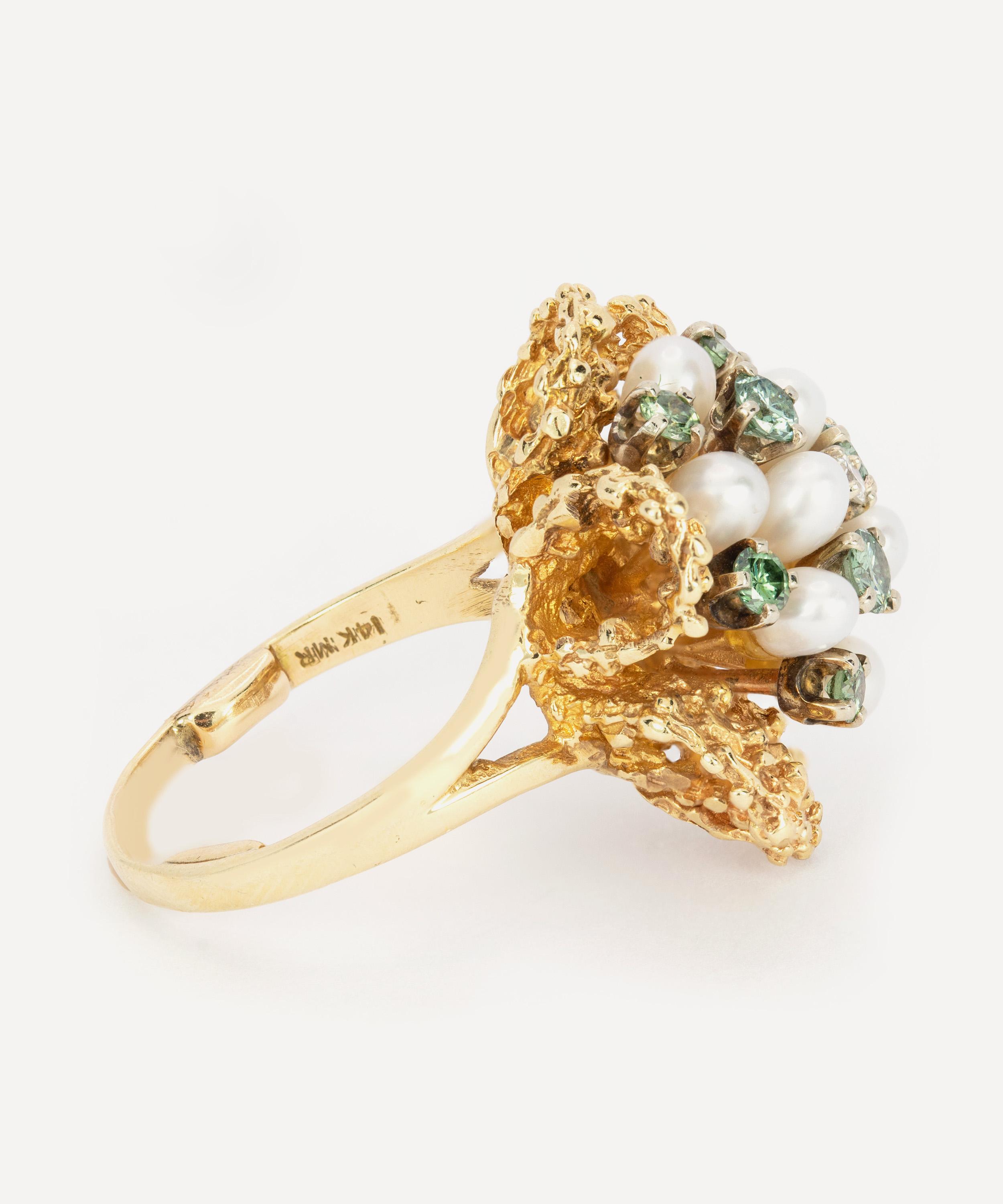 Kojis - 14ct Gold Pearl and Blue Diamond Flower Ring image number 2