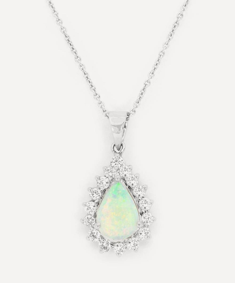 Kojis - 18ct White Gold Opal and Diamond Cluster Pendant Necklace