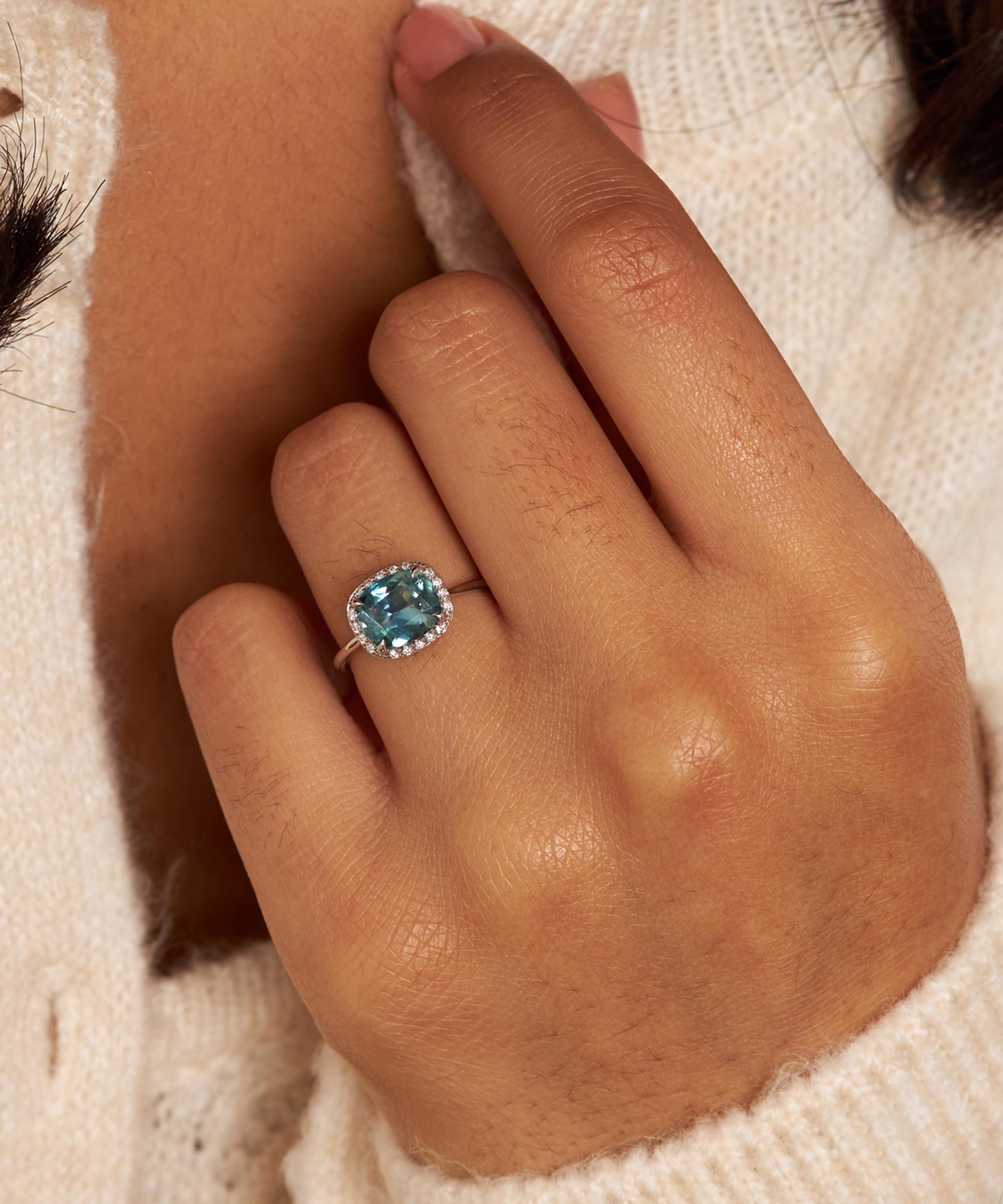 Dinny Hall - 18ct White Gold Sheba Cushion Ocean Blue Sapphire and Diamond Ring image number 2
