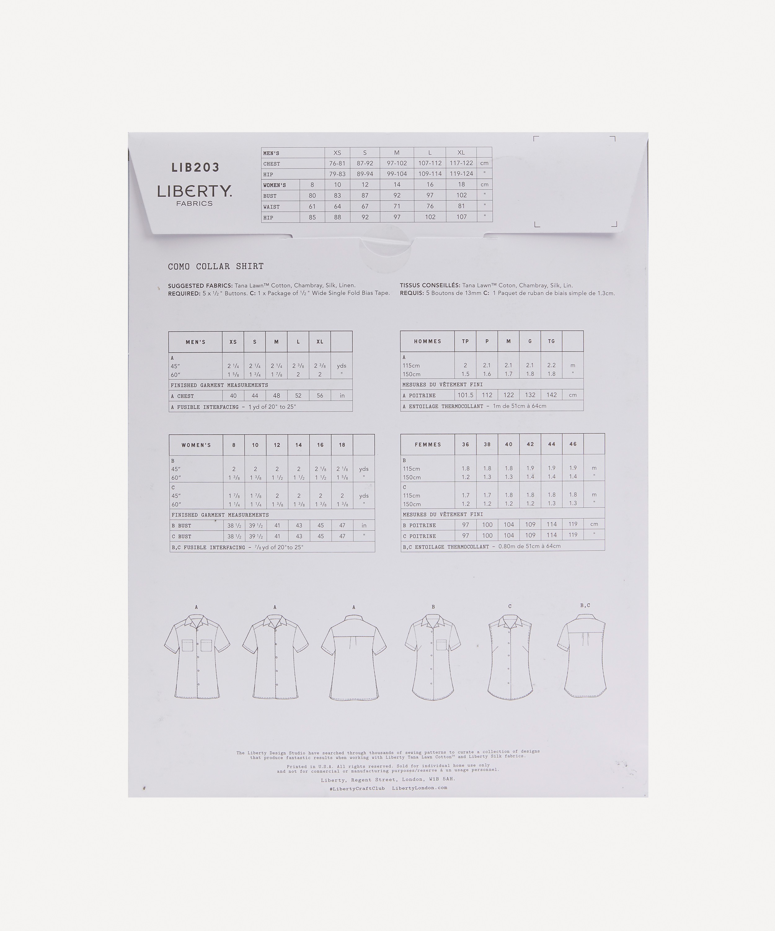Liberty Fabrics - Como Collar Shirt Sewing Pattern Size XS-XL image number 1