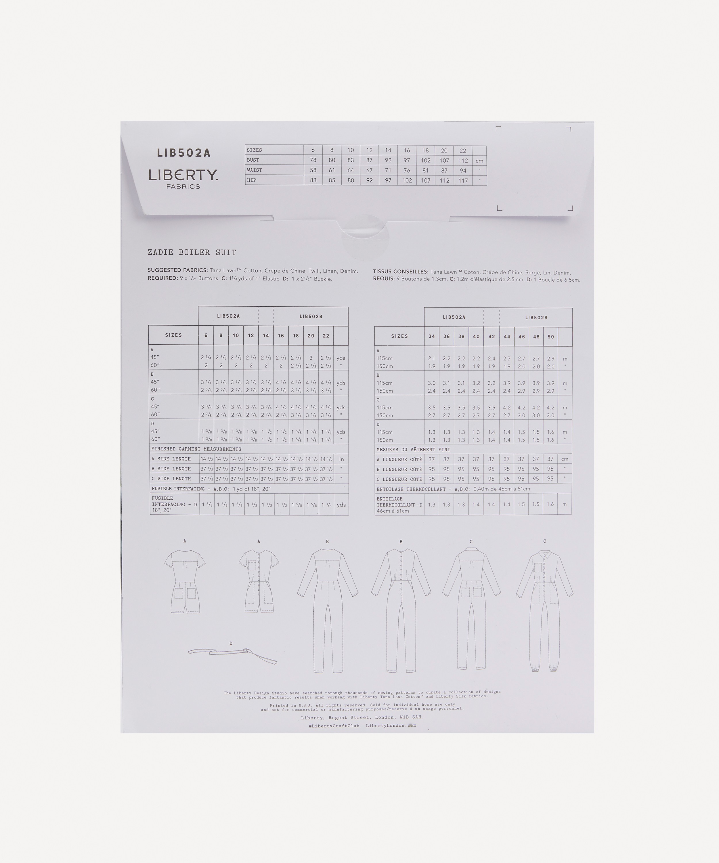 Liberty Fabrics - Zadie Boiler Suit Sewing Pattern Size 6-14 image number 1