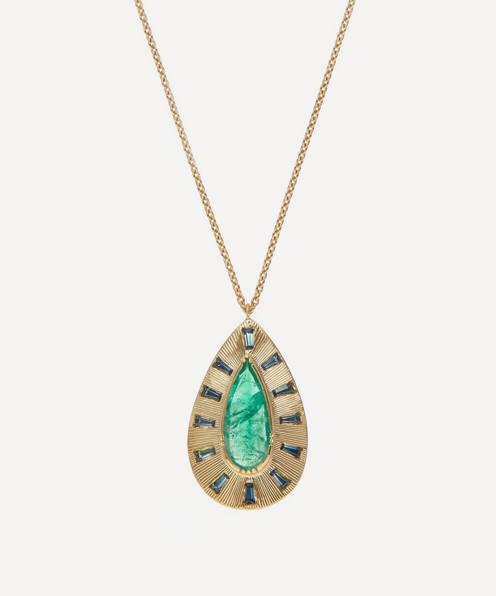 Brooke Gregson - 18ct Gold Emerald and Sapphire Shield Teardrop Necklace