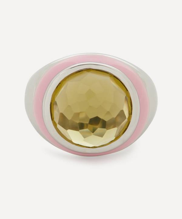 Adore Adorn - Rhodium-Plated Silver Bubblegum Enamel Cabochon Olive Quartz Dome Ring