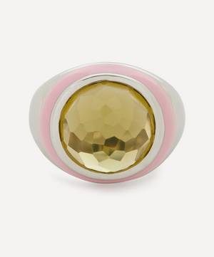 Rhodium-Plated Silver Bubblegum Enamel Cabochon Olive Quartz Dome Ring