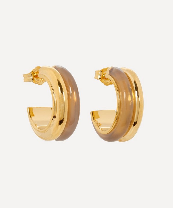 By Pariah - 14ct Gold Plated Vermeil Silver Grey Agate Double Hoop Earrings image number null