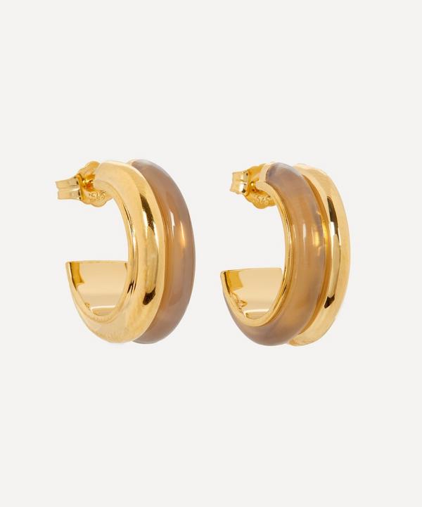 By Pariah - 14ct Gold Plated Vermeil Silver Grey Agate Double Hoop Earrings image number null