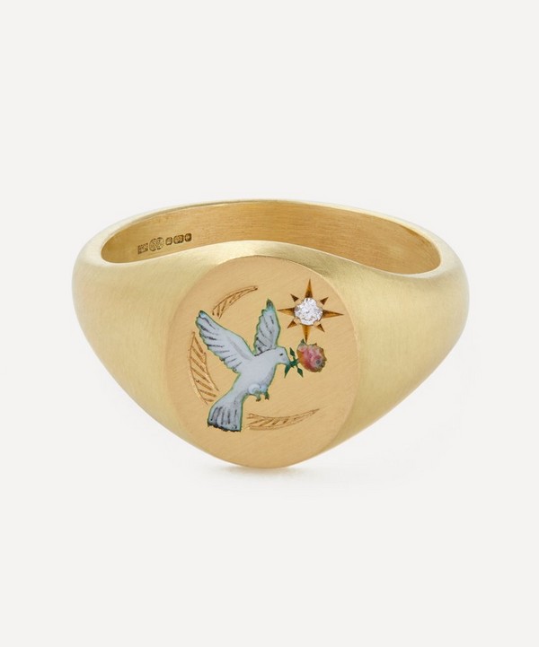 Cece Jewellery - 18ct Gold Dove and Rose Diamond Signet Ring image number null