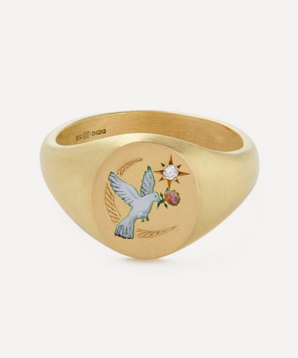 Cece Jewellery - 18ct Gold Dove and Rose Diamond Signet Ring