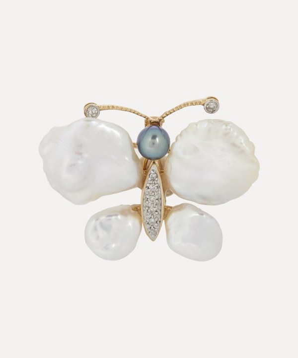 Kojis - 14ct Gold Vintage Pearl Butterfly Brooch image number null