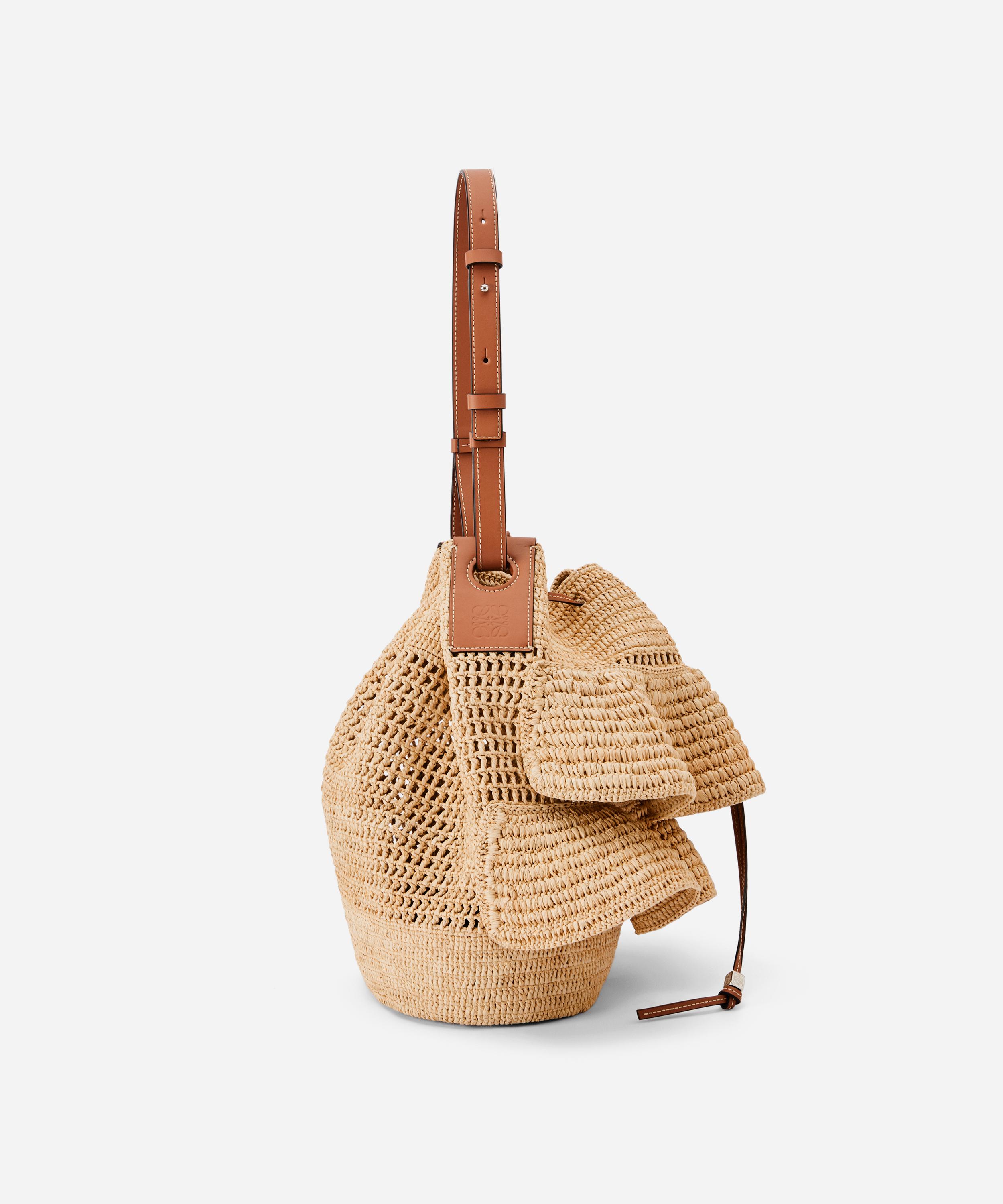 LOEWE Raffia Calfskin Balloon Ruffles Bucket Bag Natural Tan