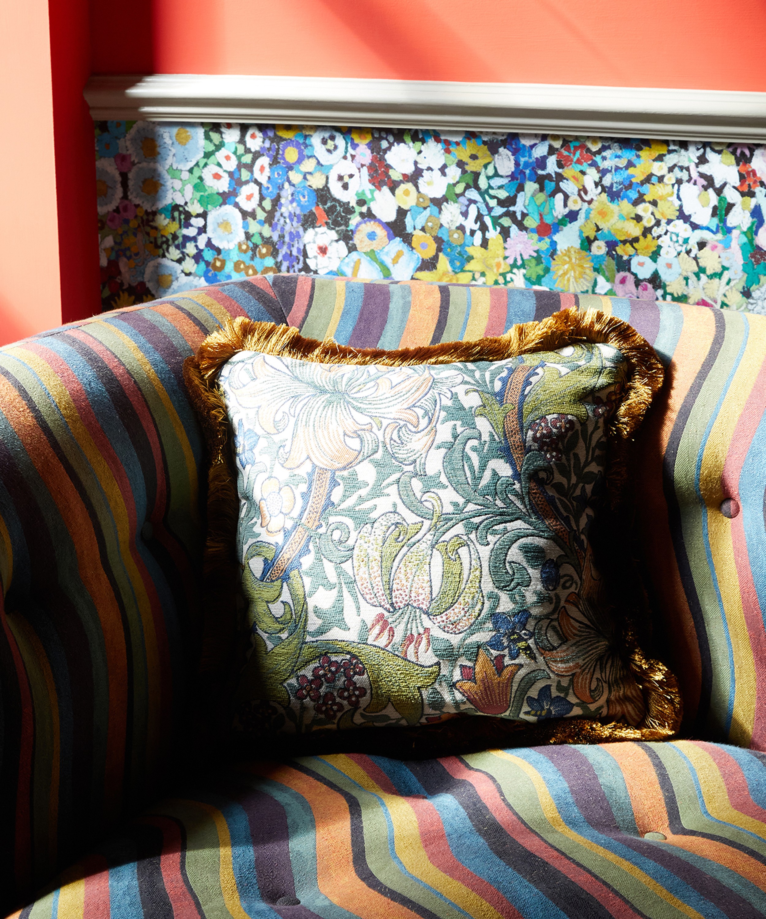 House of Hackney - Golden Lily Medium Cotton-Jacquard Fringed Cushion image number 1