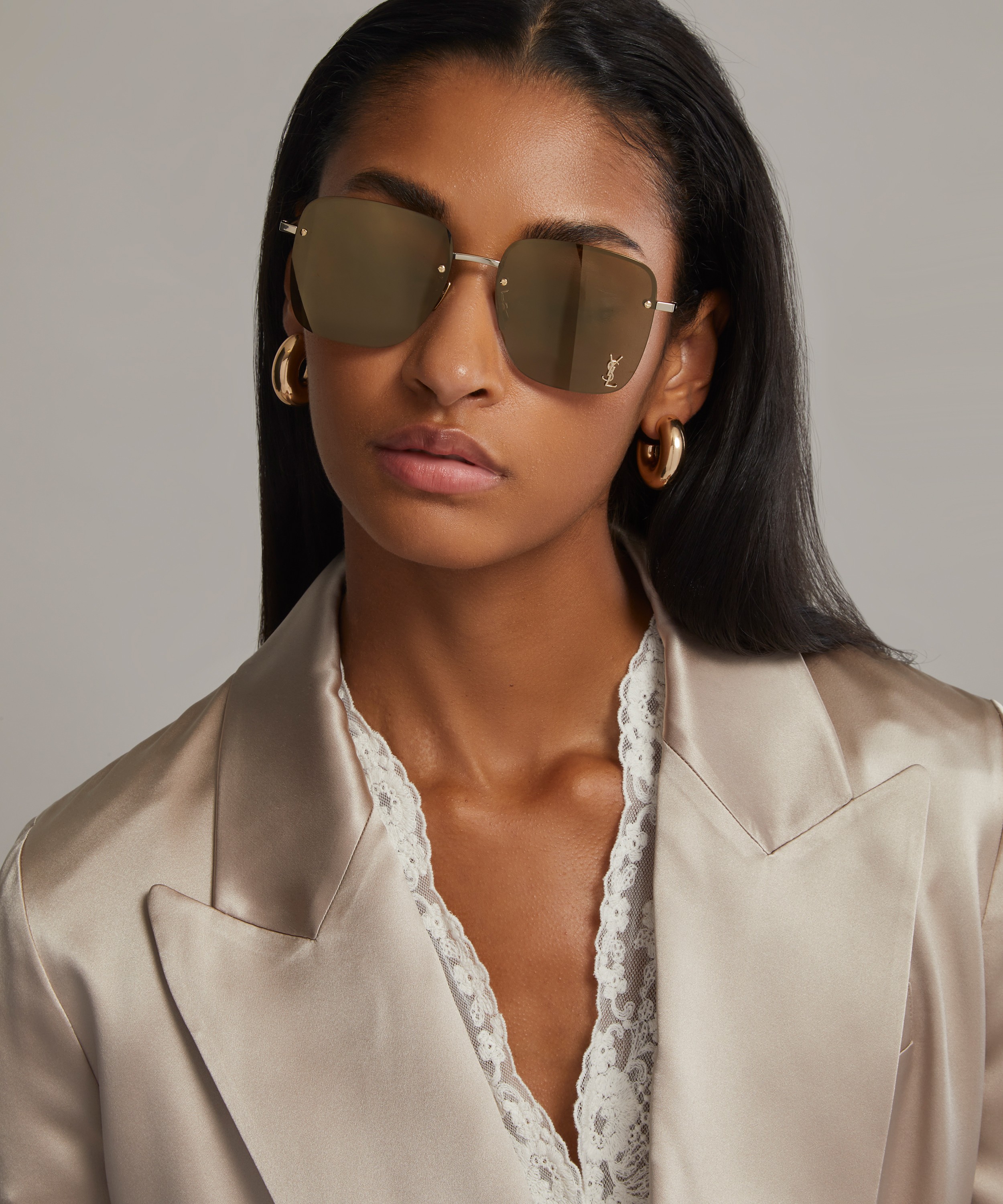  SAINT LAURENT Women's Square Metal Sunglasses, Gold Gold Brown,  One Size : Clothing, Shoes & Jewelry