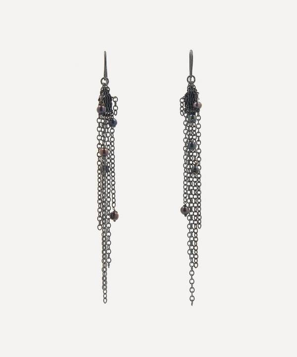 Stephanie Schneider - Oxidised Sterling Silver Black Pearl Chain Drop Earrings image number 0