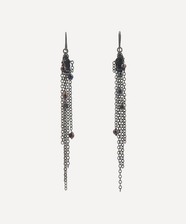 Stephanie Schneider - Oxidised Sterling Silver Black Pearl Chain Drop Earrings image number null