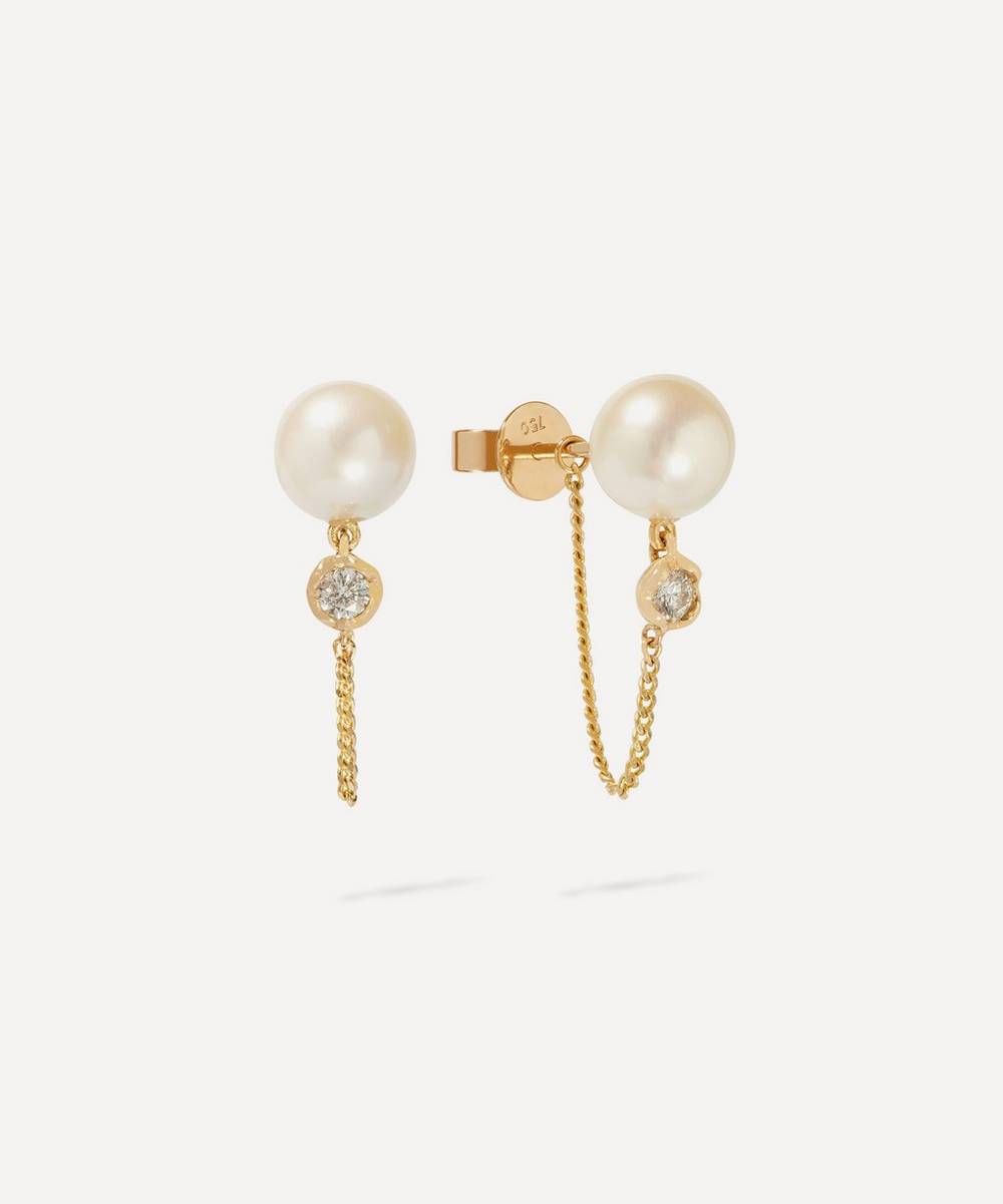 Annoushka - 18ct Gold Diamond And Pearl Chain Stud Earrings