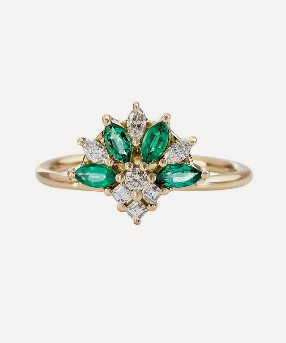 Artemer - 18ct Gold Emerald Diamond Cluster Engagement Ring