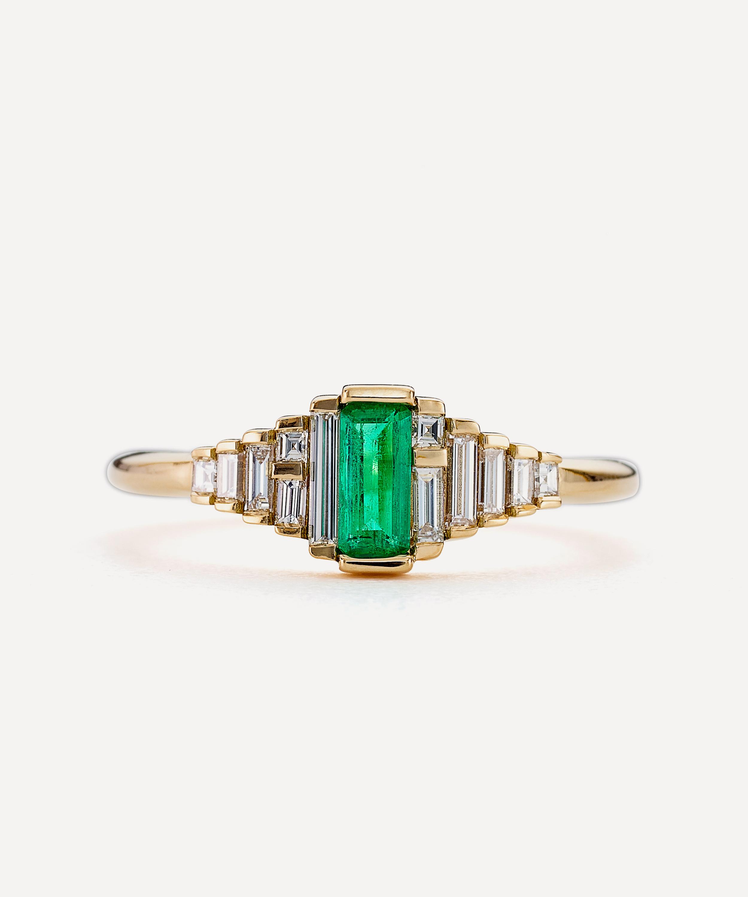 Artemer - 18ct Gold Dainty Emerald and Needle Baguette Diamond Engagement Ring