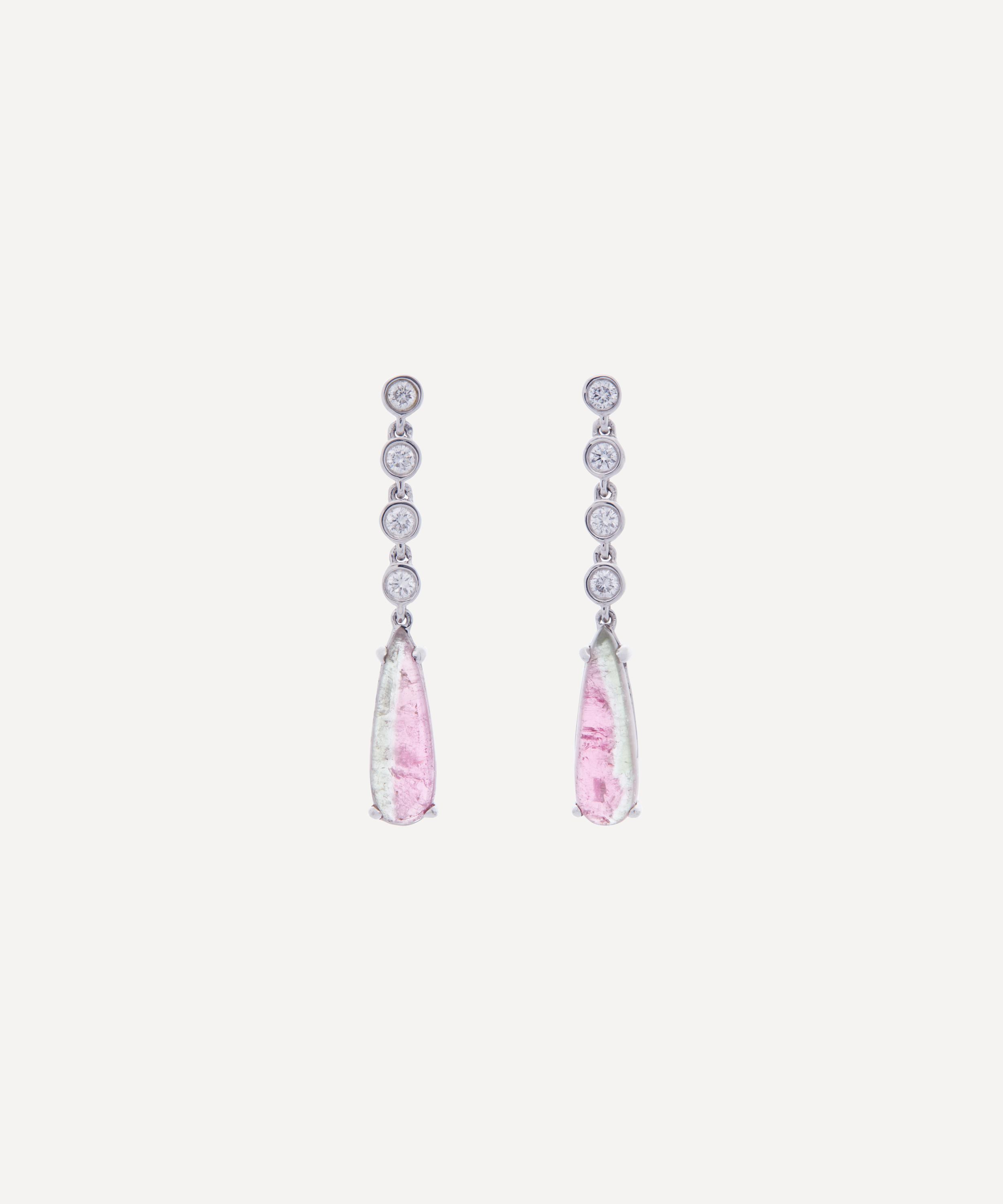 Kojis - 18ct White Gold Watermelon Tourmaline and Diamond Drop Earrings