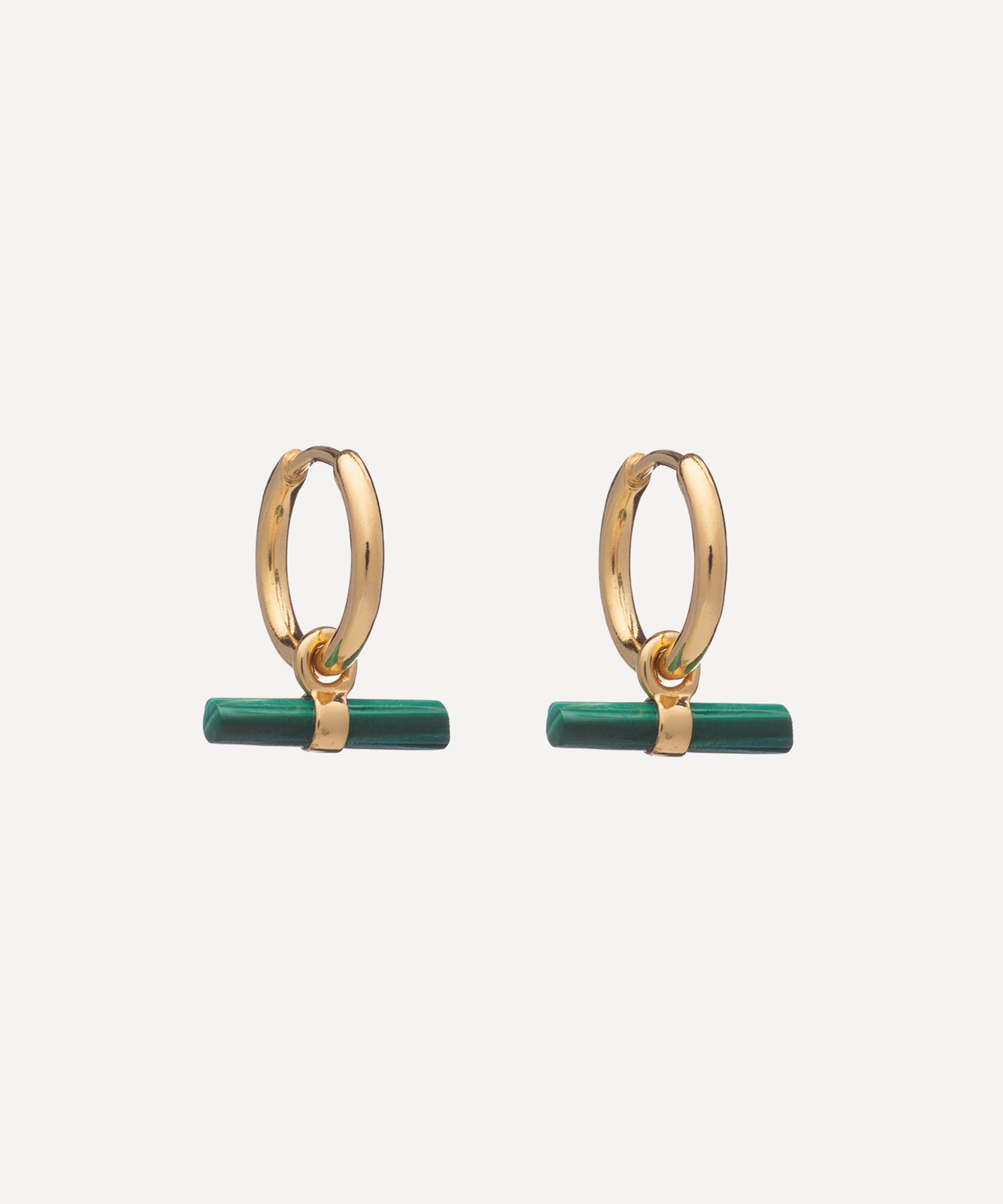 Rachel Jackson - 22ct Gold-Plated Mini Malachite T-Bar Huggie Hoop Earrings image number 