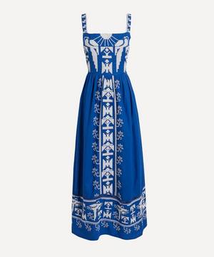 Navy Macaw Embroidered Maxi-Dress