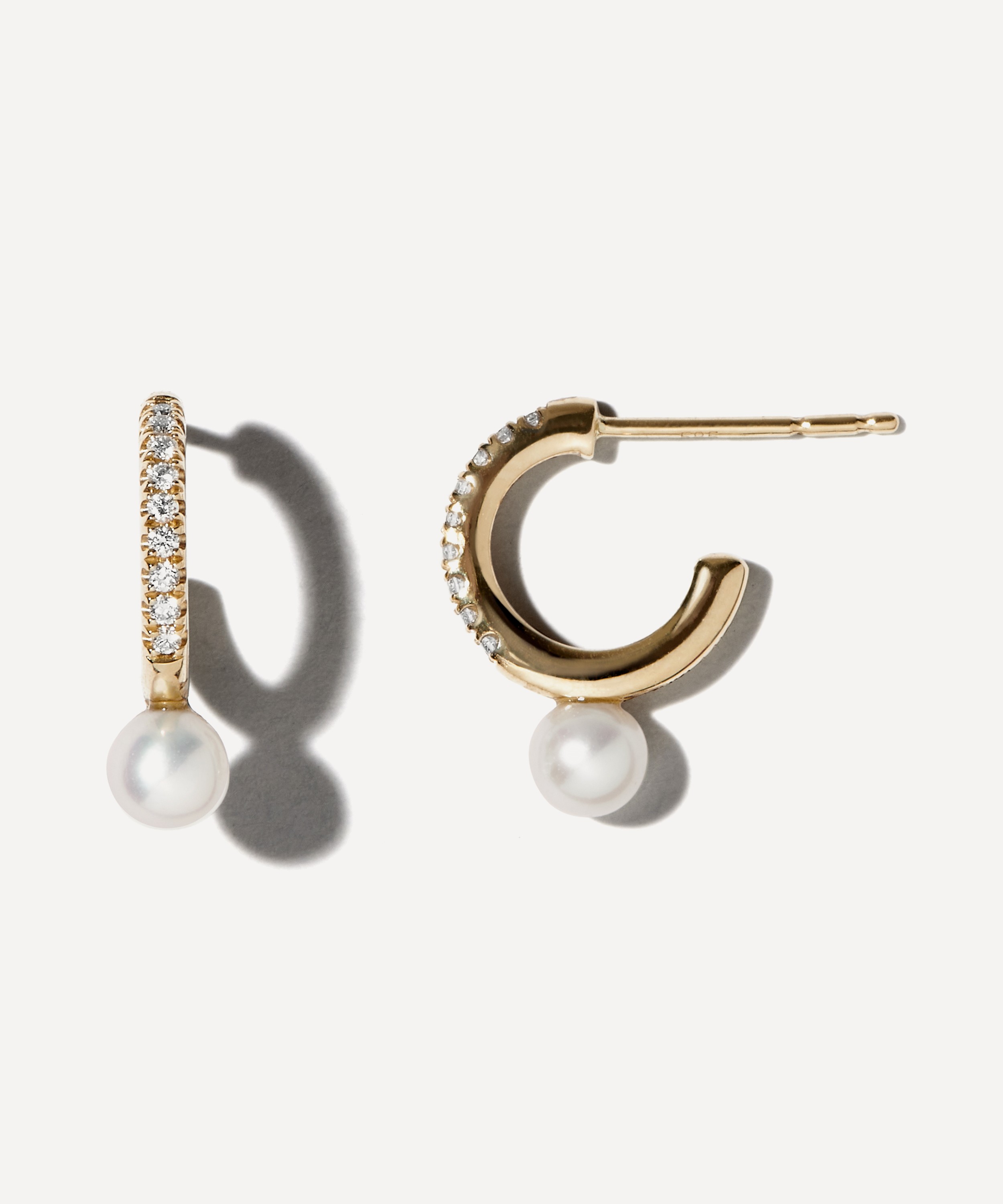 Mizuki 14ct Gold Diamond Pearl Drop Hoop Earrings 