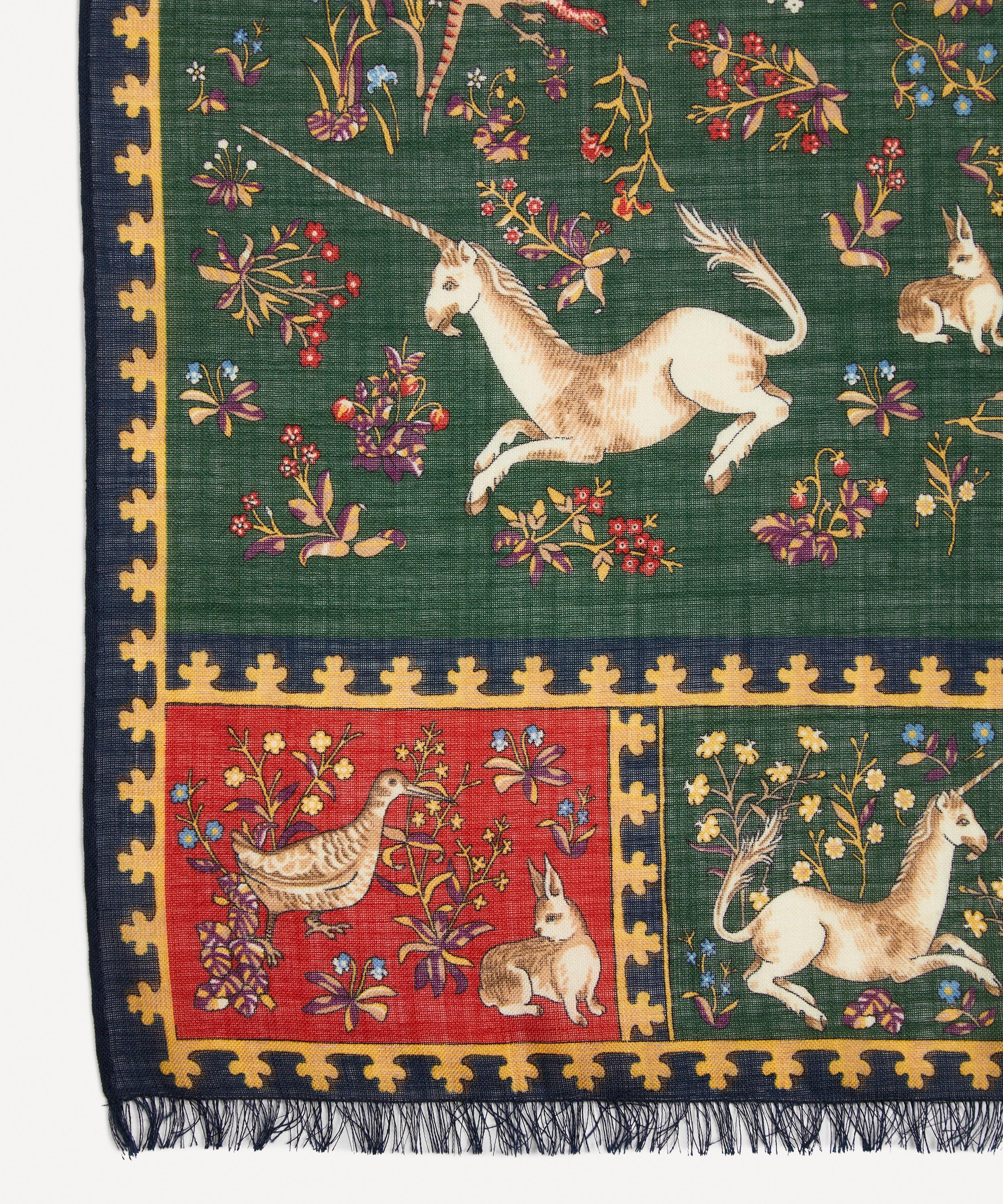 Drake's Unicorn Print Tasselled Silk Scarf