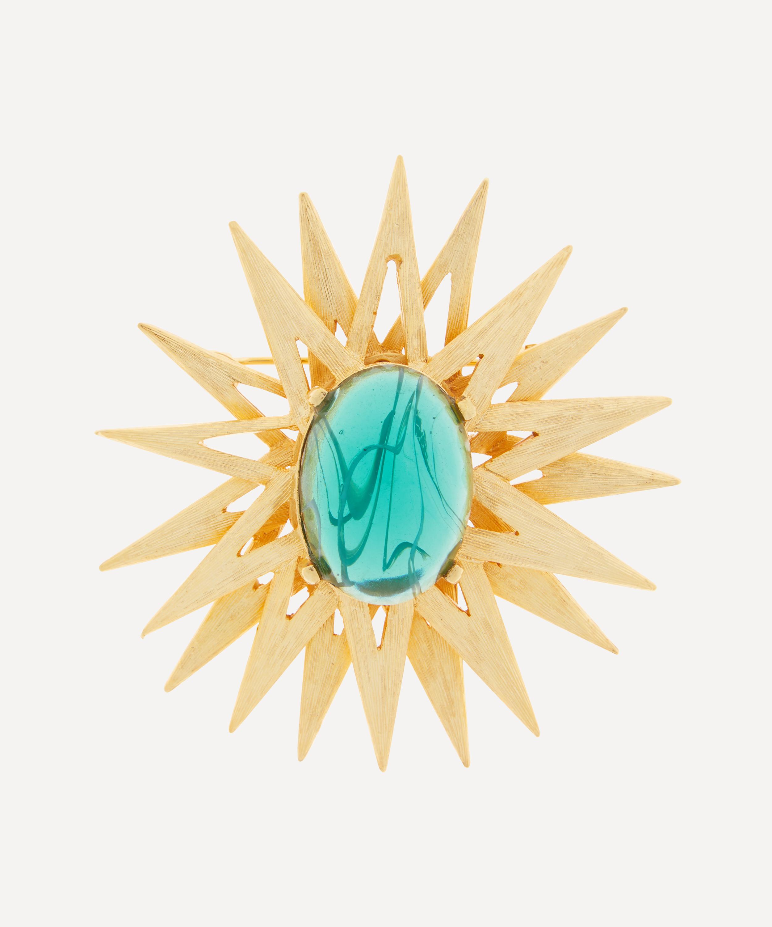Kenneth Jay Lane - 22ct Gold-Plated Sunburst Emerald Cabochon Centre Brooch image number 0
