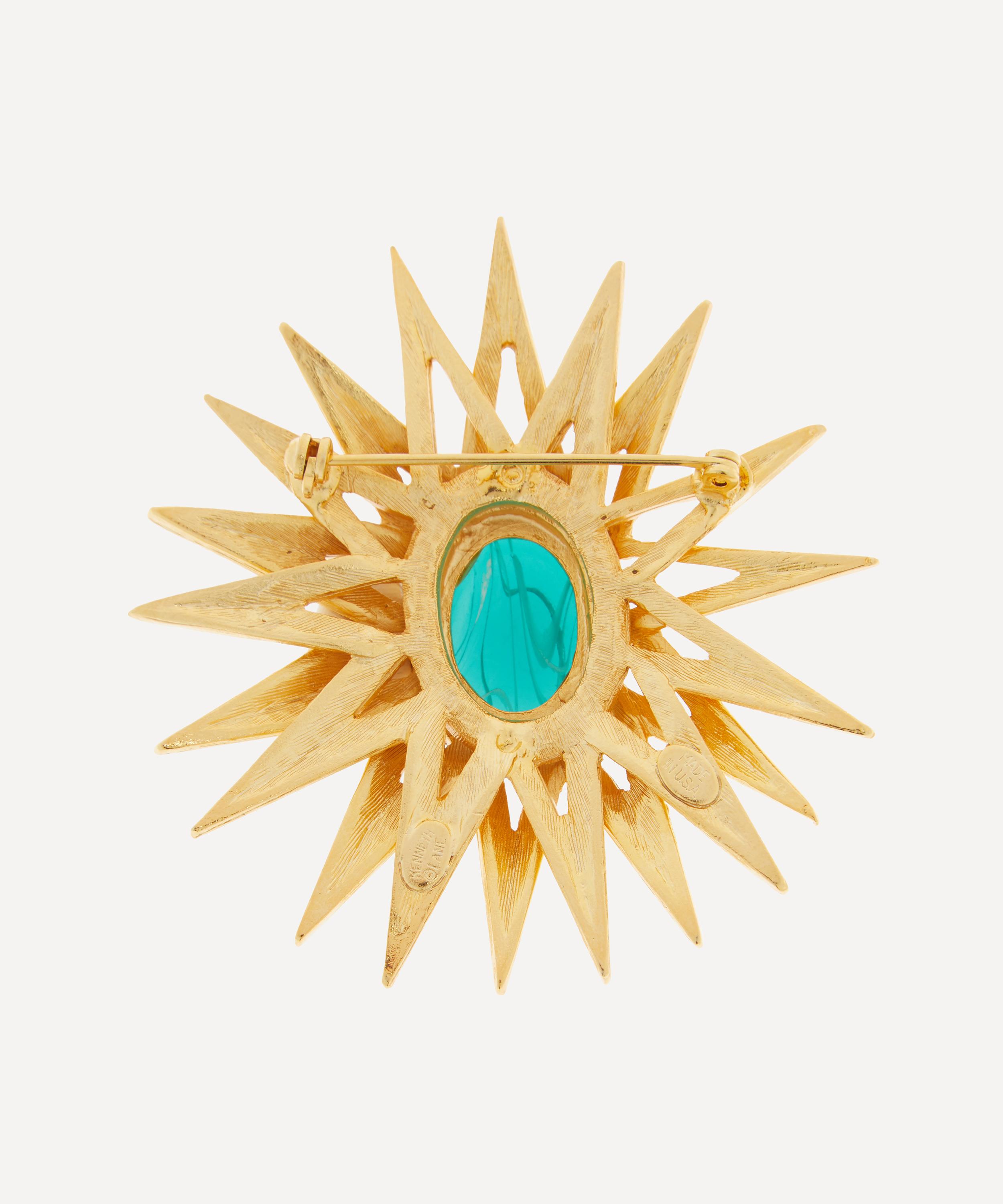 Kenneth Jay Lane - 22ct Gold-Plated Sunburst Emerald Cabochon Centre Brooch image number 1