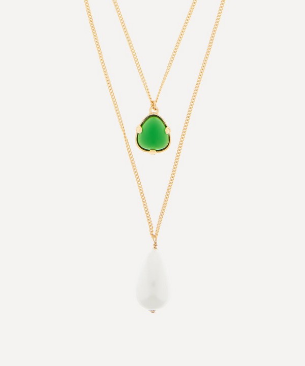 Kenneth Jay Lane - 22ct Gold-Plated Two Chain Emerald and Pearl Pendant Necklace image number null