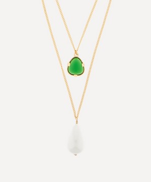 Kenneth Jay Lane - 22ct Gold-Plated Two Chain Emerald and Pearl Pendant Necklace image number 0