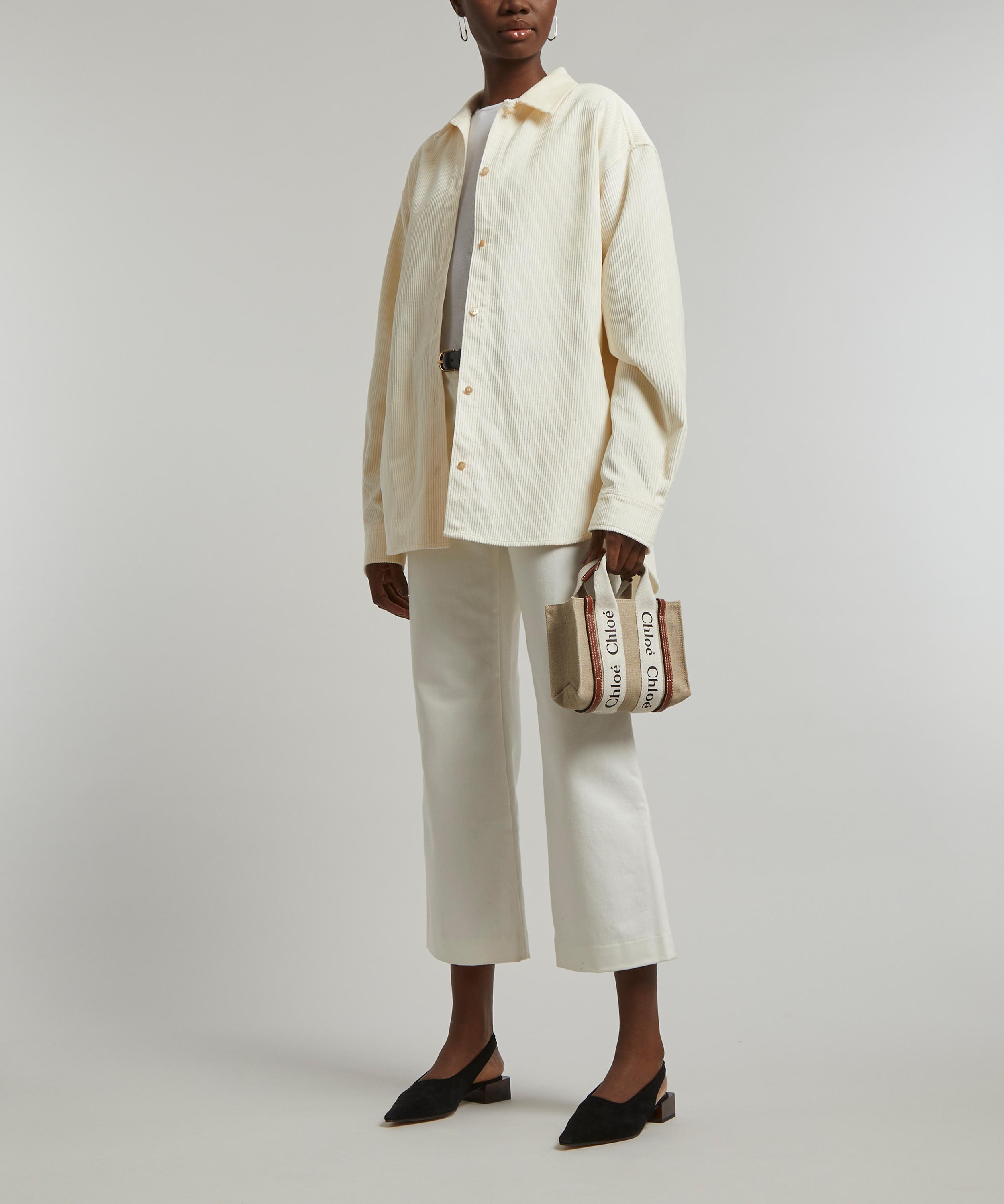 Chloé Woody Large Linen Canvas And Shiny Calfskin Tote Bag