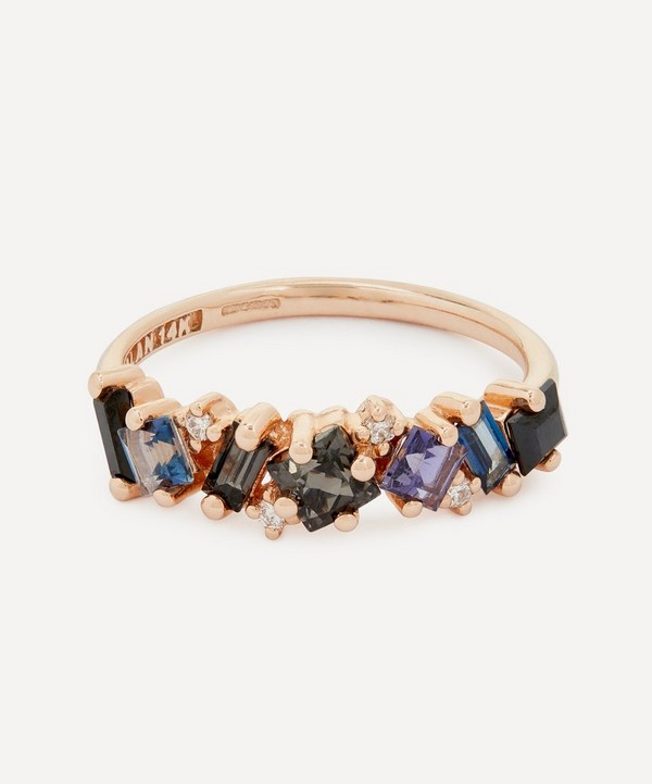 Suzanne Kalan - 14ct Rose Gold Multi-Stone Blue Mix and Diamond Half Band Ring image number null