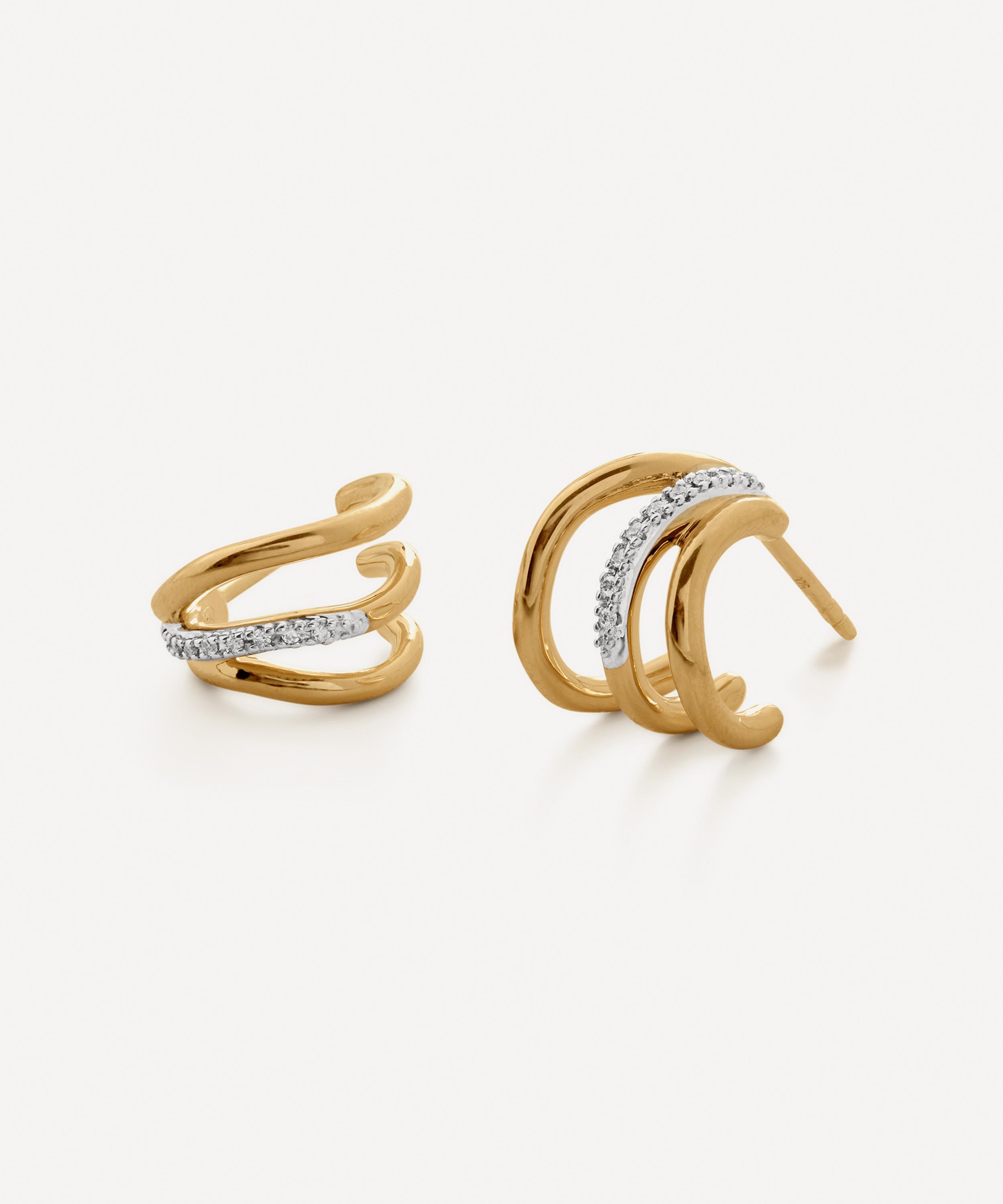 Monica Vinader - 18ct Gold-Plated Vermeil Silver Riva Diamond Triple Wave Hoop Earrings image number 0