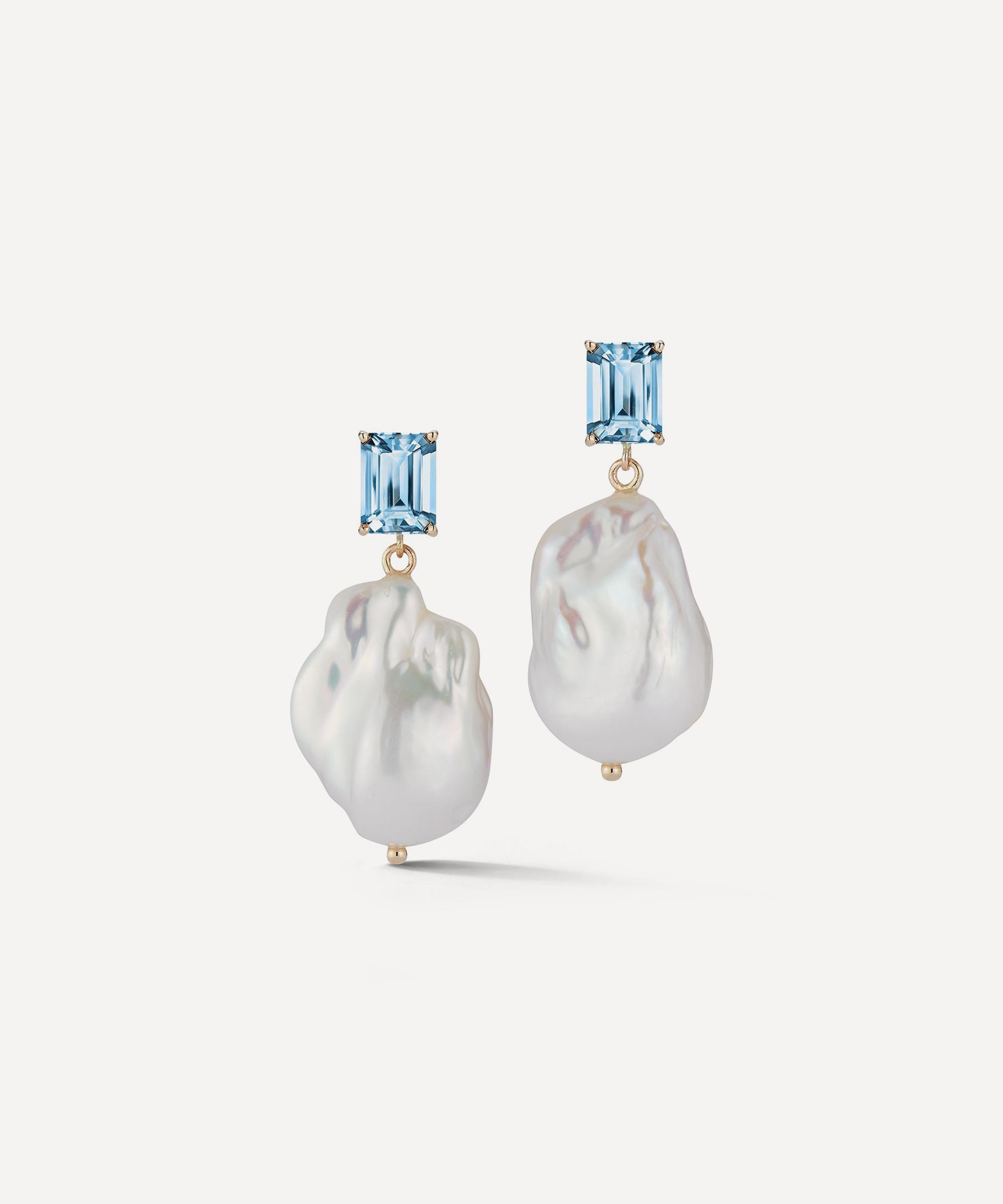 Mateo 14ct Gold Blue Topaz and Baroque Pearl Drop Earrings Liberty