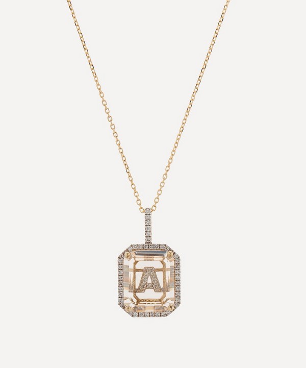 Mateo - 14ct Gold Diamond Frame Crystal Quartz Secret Diamond A Initial Pendant Necklace