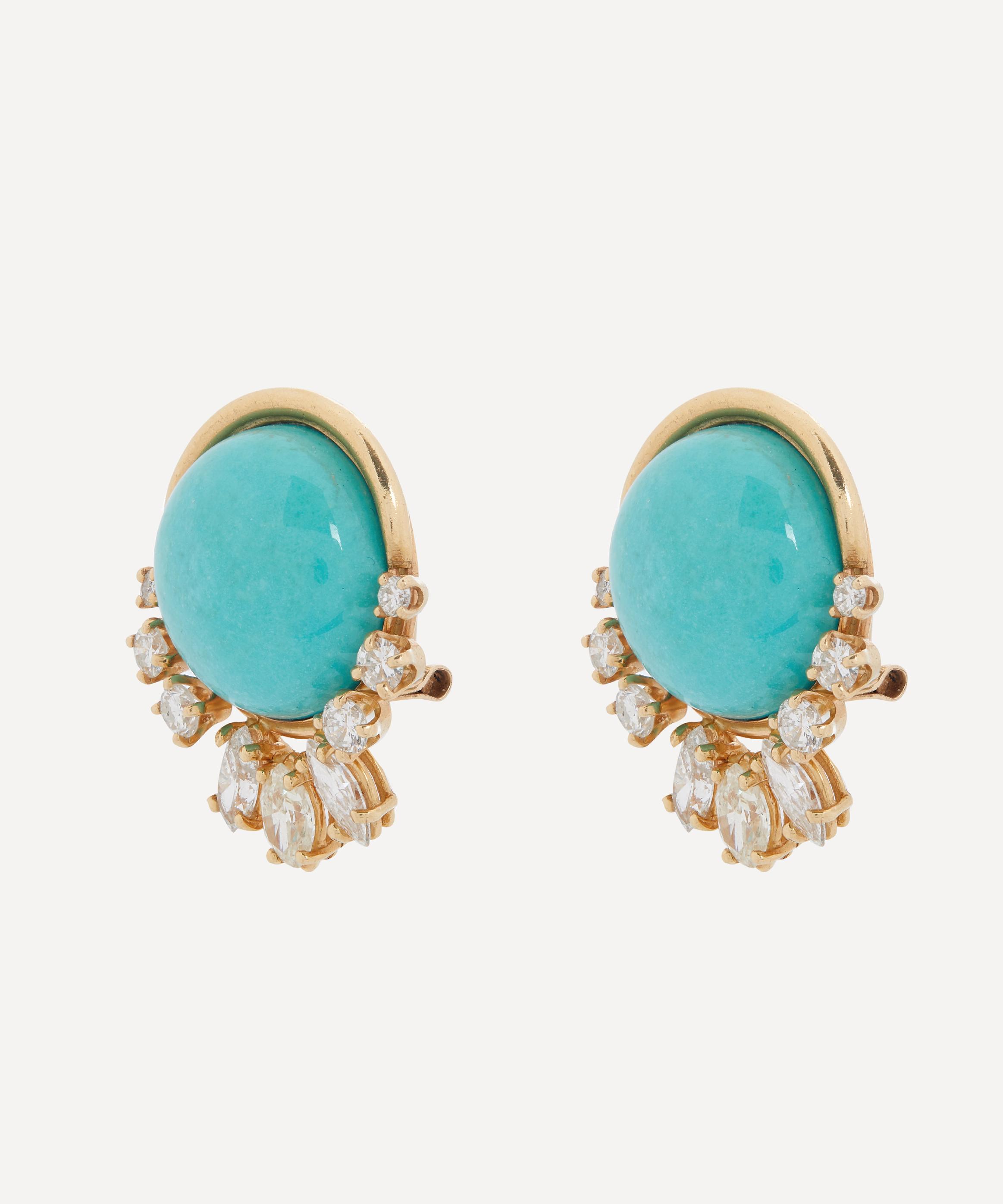 Kojis - 14ct Gold Vintage Turquoise and Diamond Stud Earrings image number 2