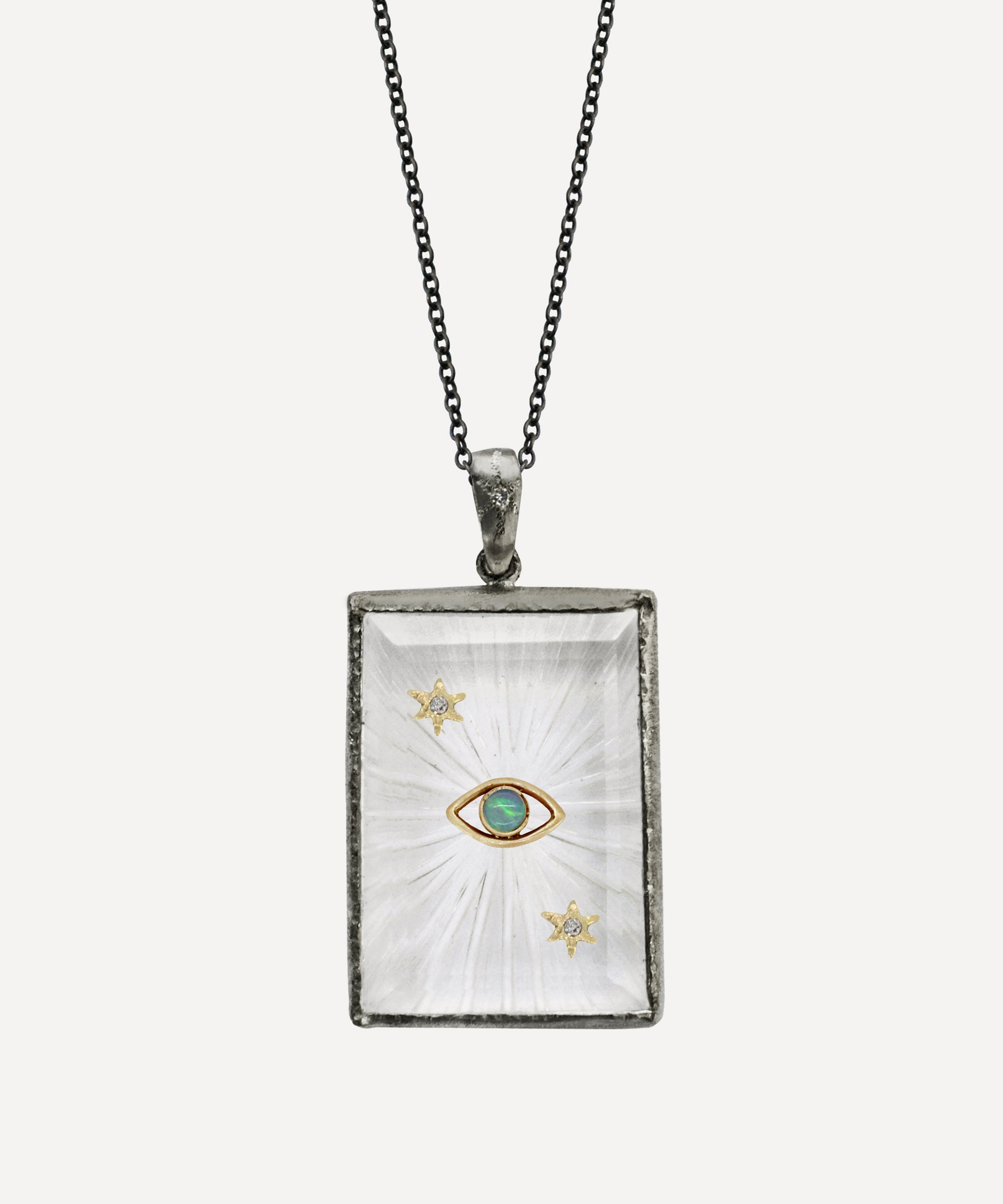 Acanthus - Oxidised Silver Opal Eye and Quartz Tag Amulet Pendant Necklace