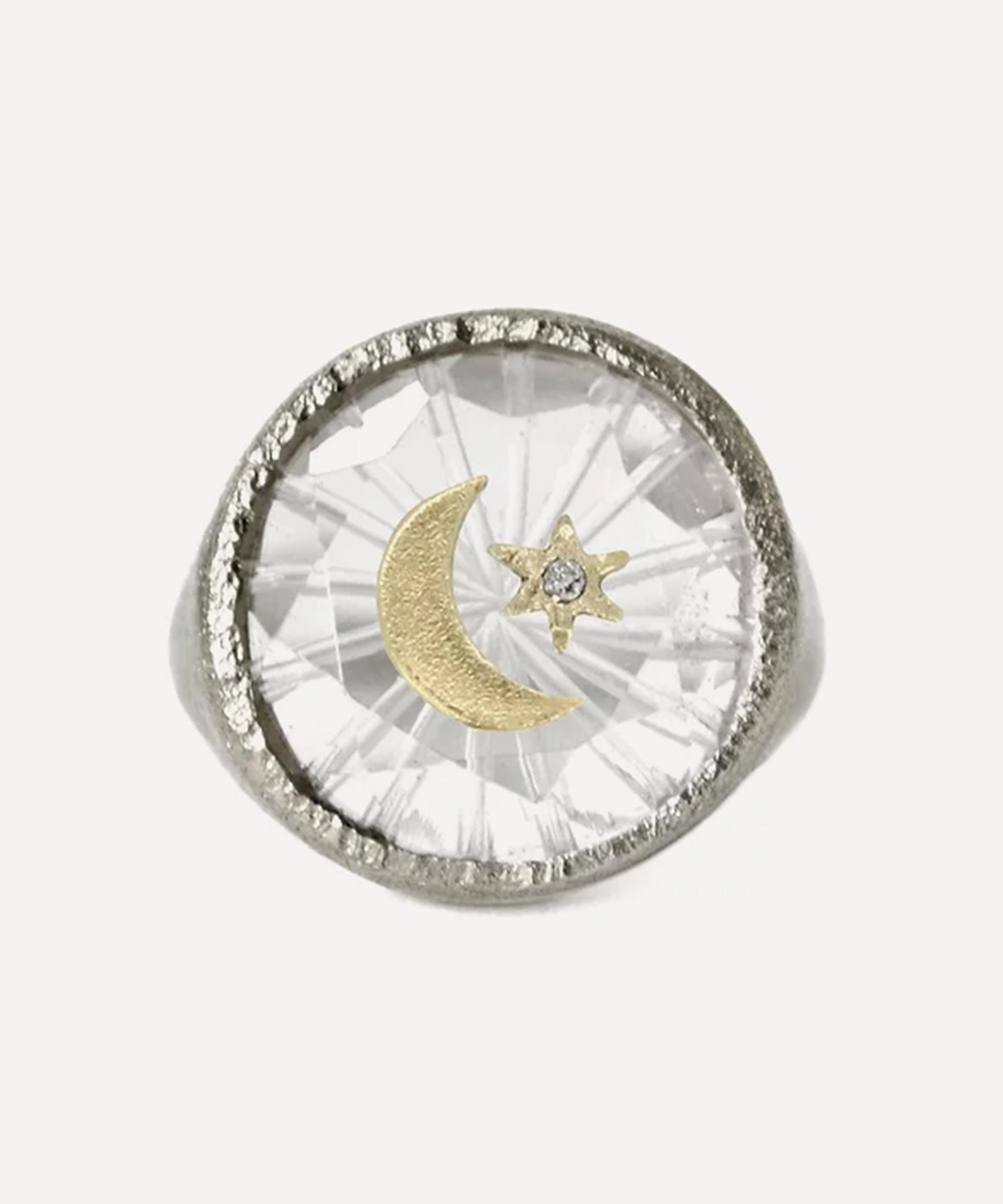 Acanthus - Oxidised Silver Round Crescent Star Amulet Signet Ring image number 0