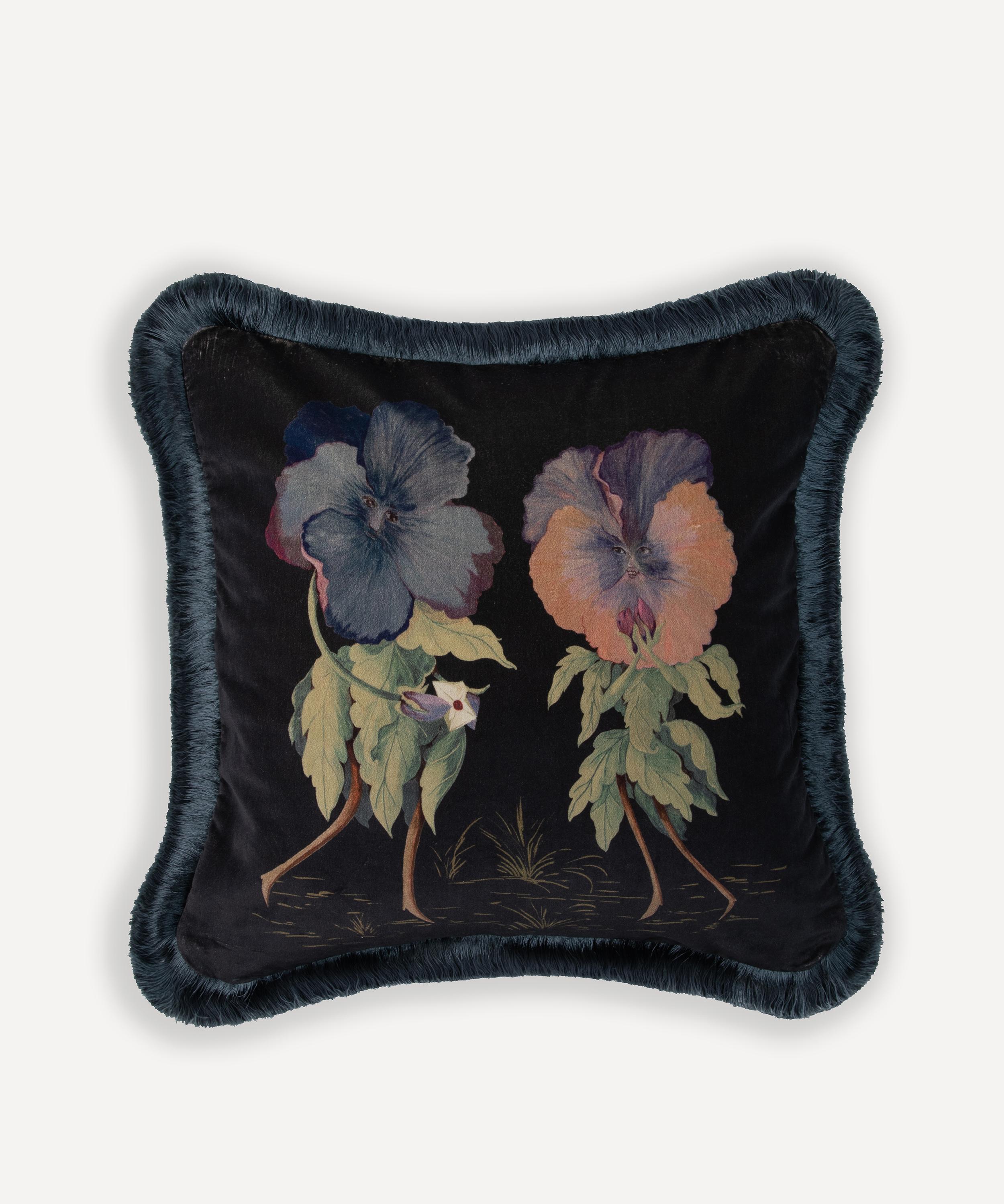 House of Hackney - Amatoria Pansies Medium Cotton Velvet Fringed Cushion image number 0